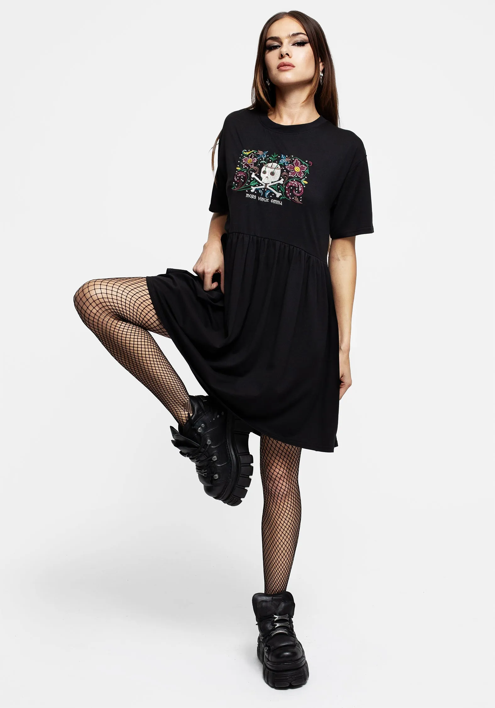 Urban Feel Death Conquers All Floral Skull Embroidered Mini Skater Dress