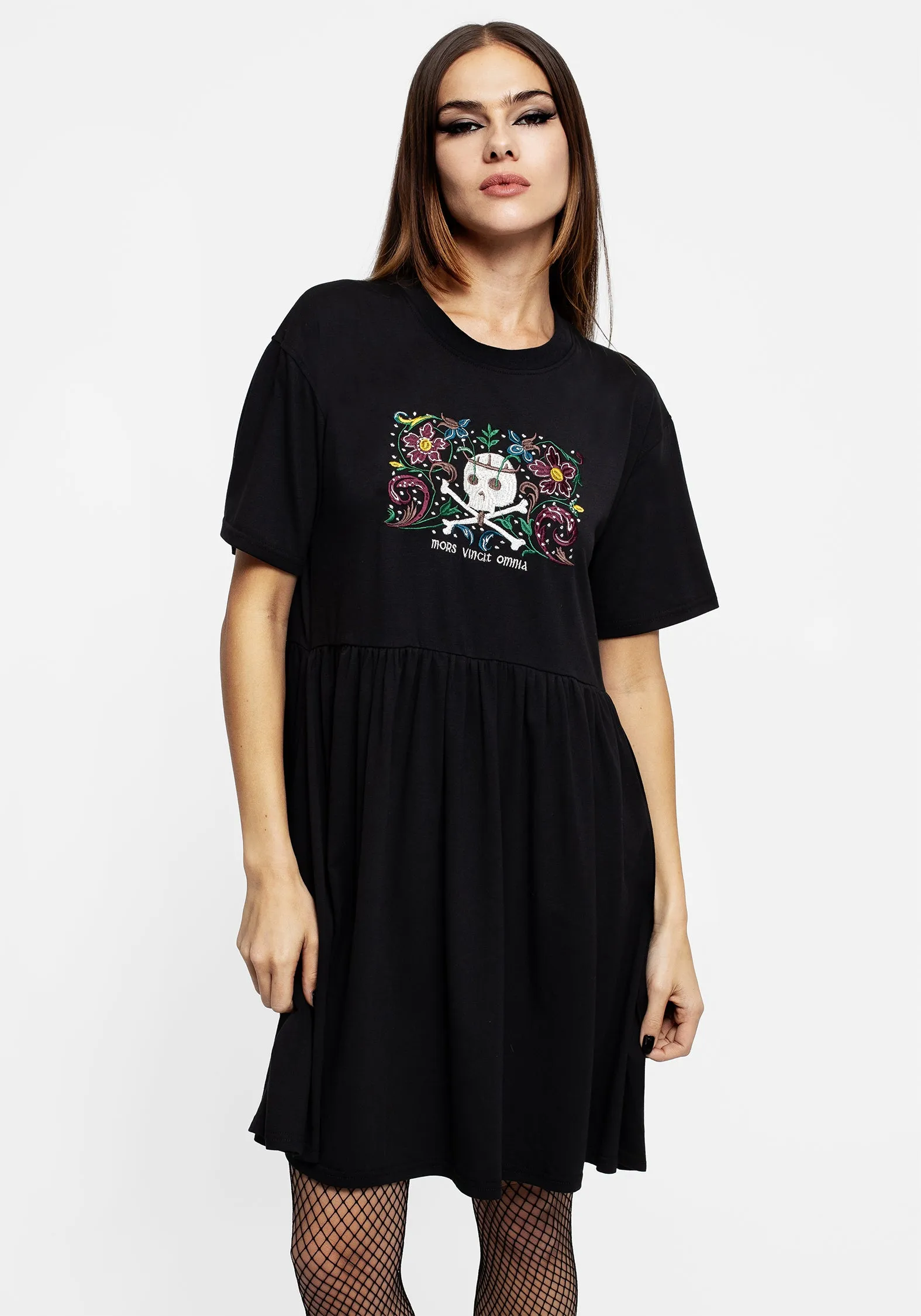 Death Conquers All Floral Skull Embroidered Mini Skater Dress hypoallergenic Easy Layering Piece