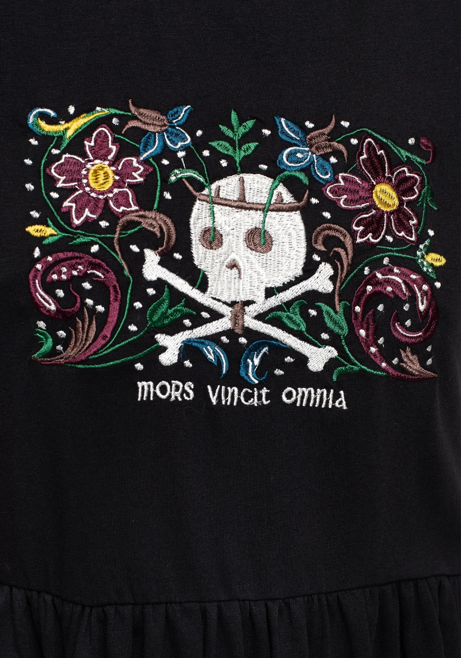 Death Conquers All Floral Skull Embroidered Mini Skater Dress Polished Mood