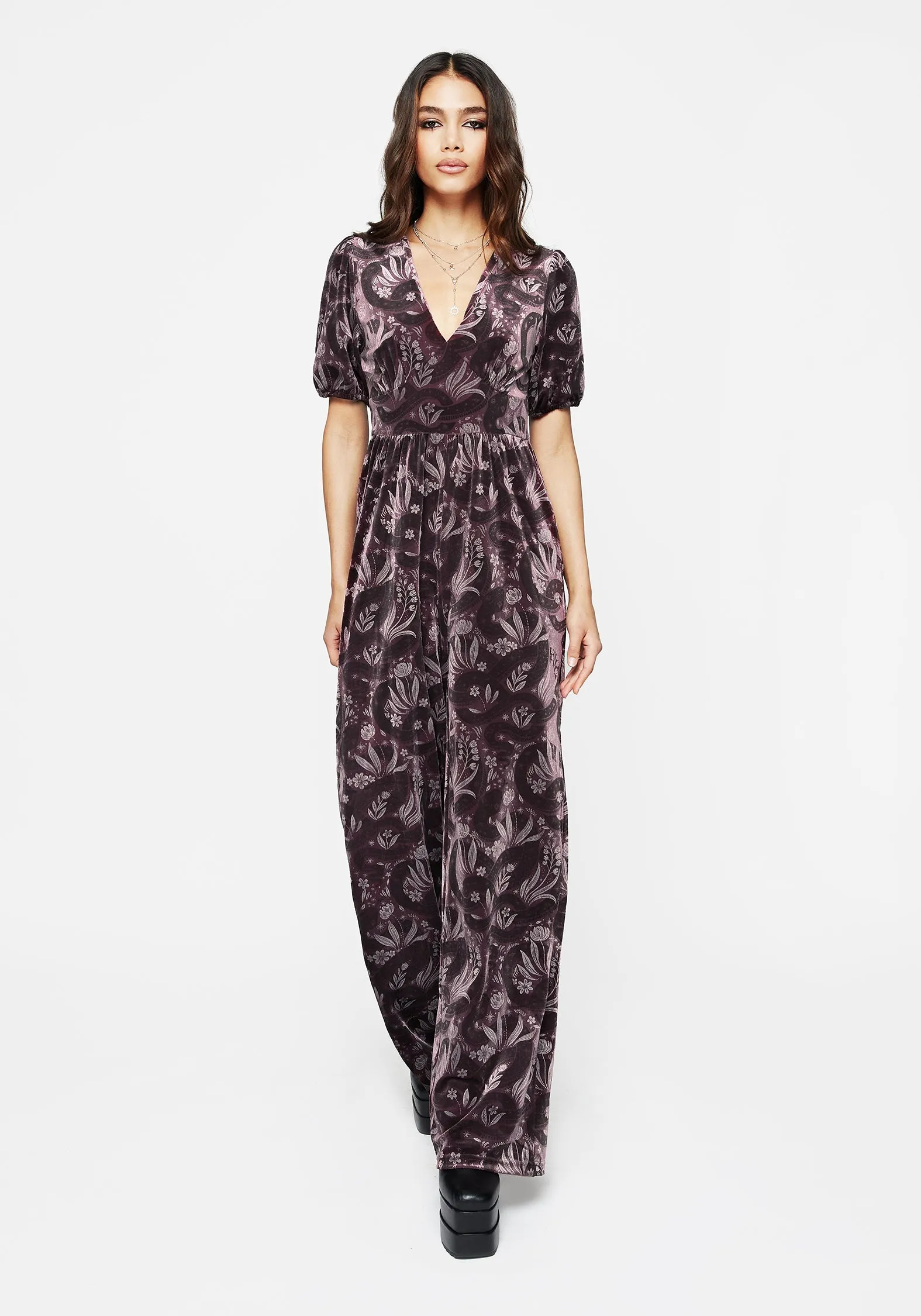 Breathable Material TearResistantMaterial Deception Snake Foil Print Velour Jumpsuit