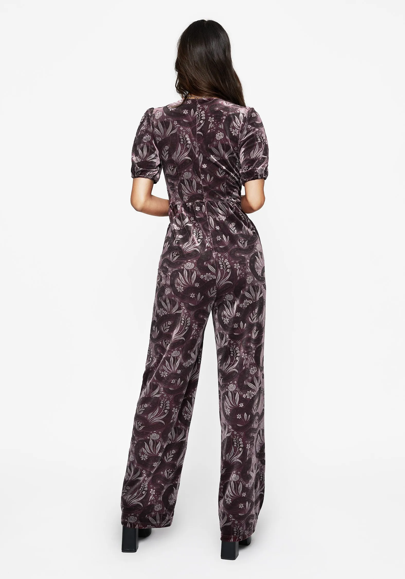 Flat Lock Stitching Deception Snake Foil Print Velour Jumpsuit