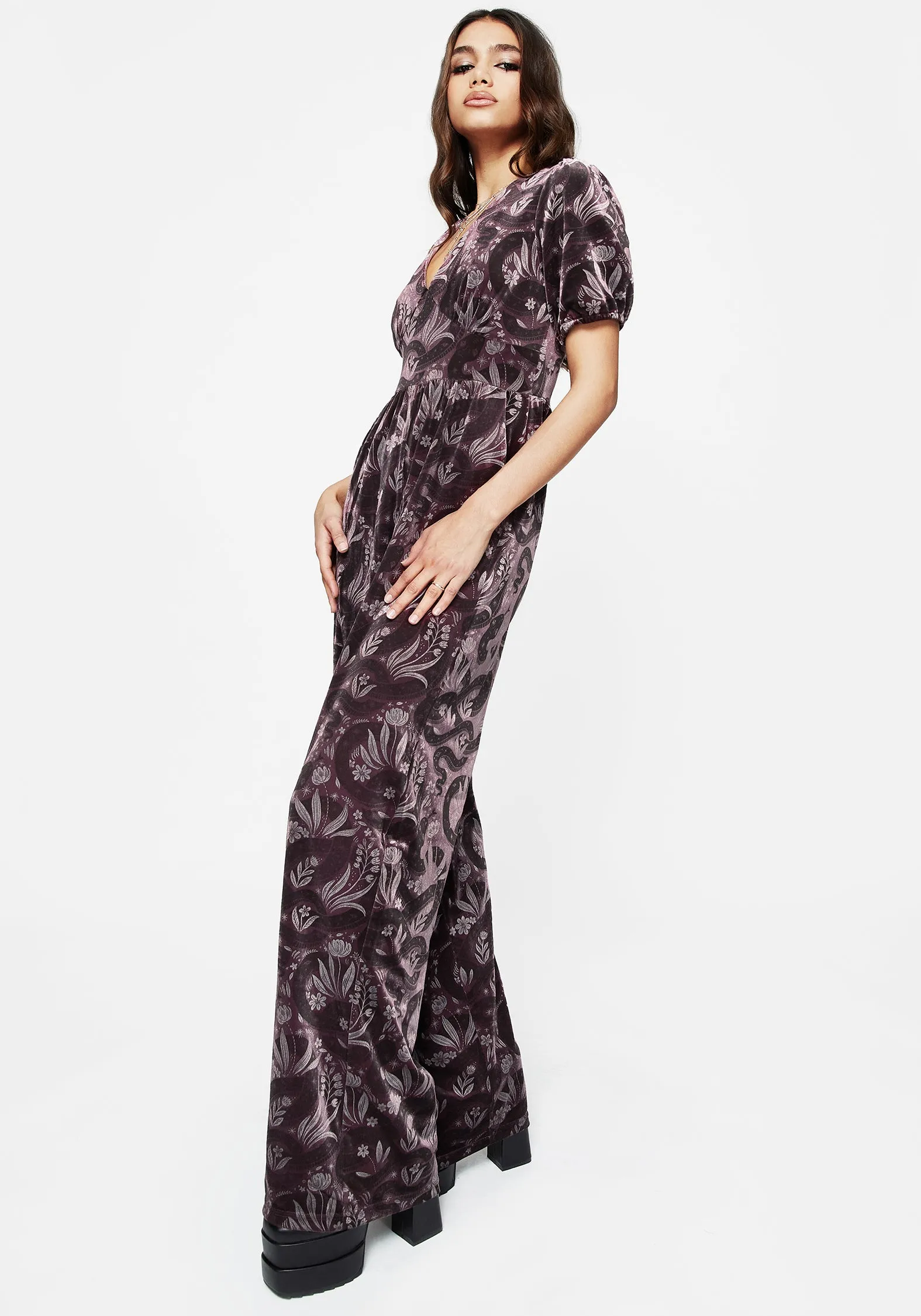 Fashion Layer Deception Snake Foil Print Velour Jumpsuit