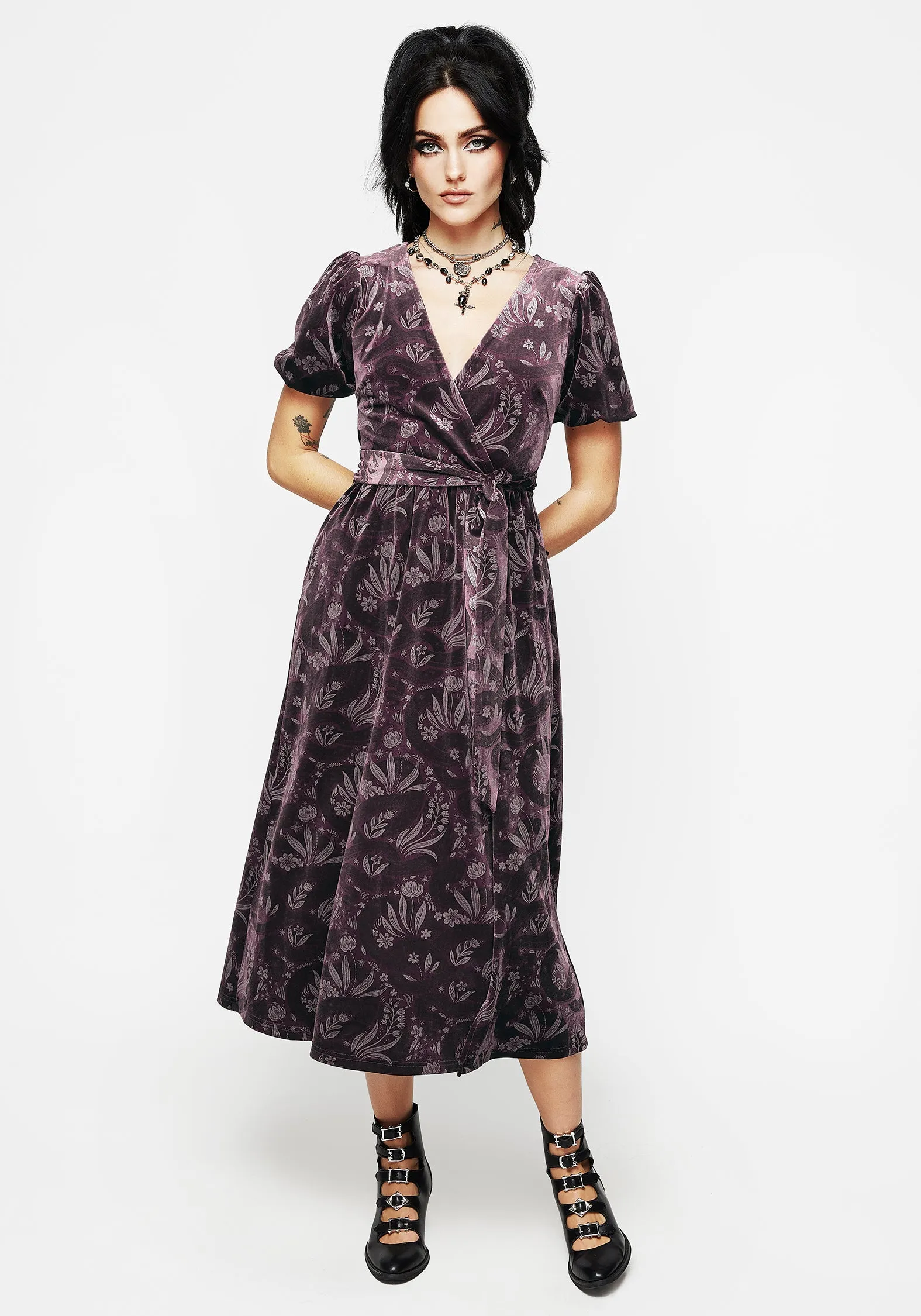Light Weight Easy and Effortless Deception Snake Foil Print Velour Midi Wrap Dress