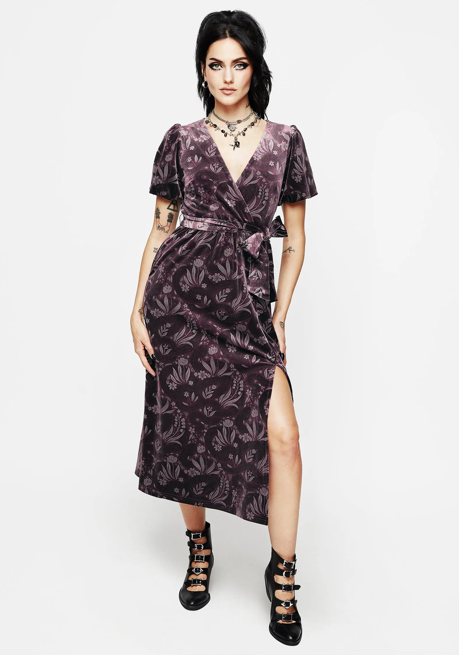 LowProfileZipper Color Pop Deception Snake Foil Print Velour Midi Wrap Dress