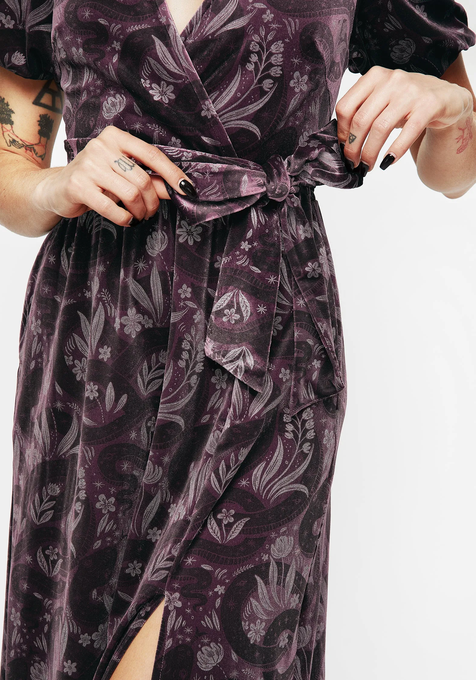 Autumn-Season Deception Snake Foil Print Velour Midi Wrap Dress