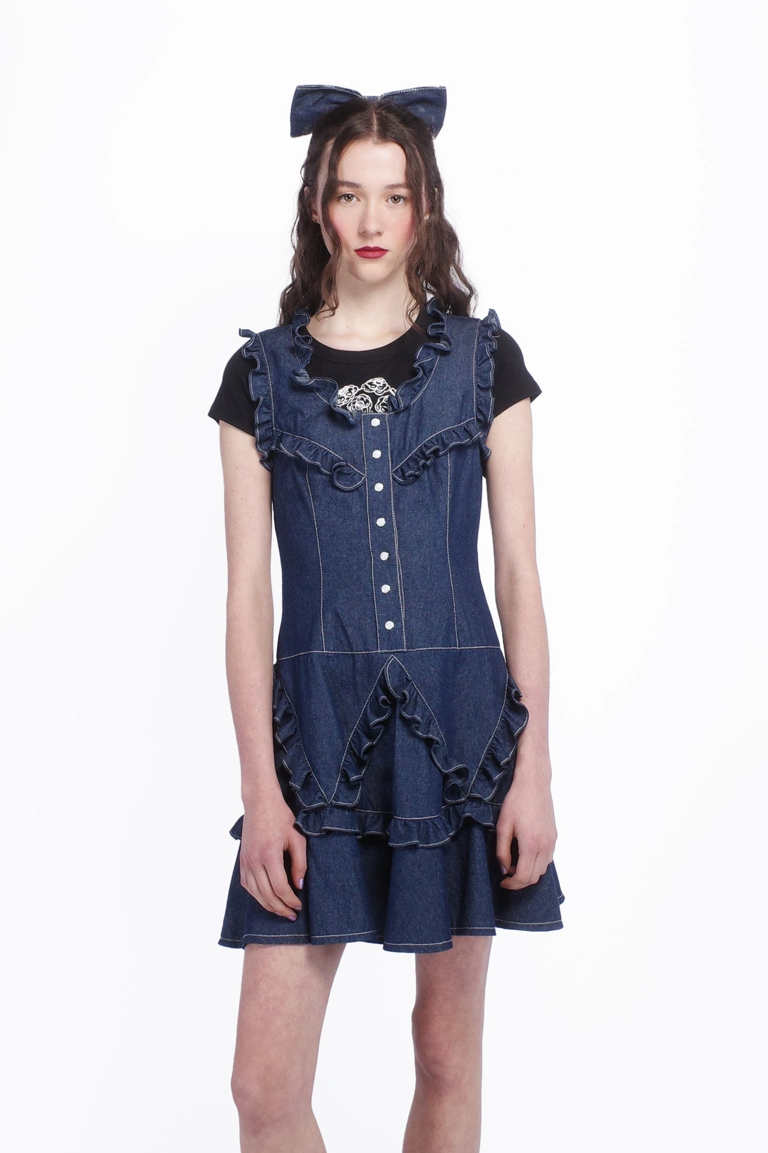 Form Fit Flattering Cut Wear Denim Ruffle Dress