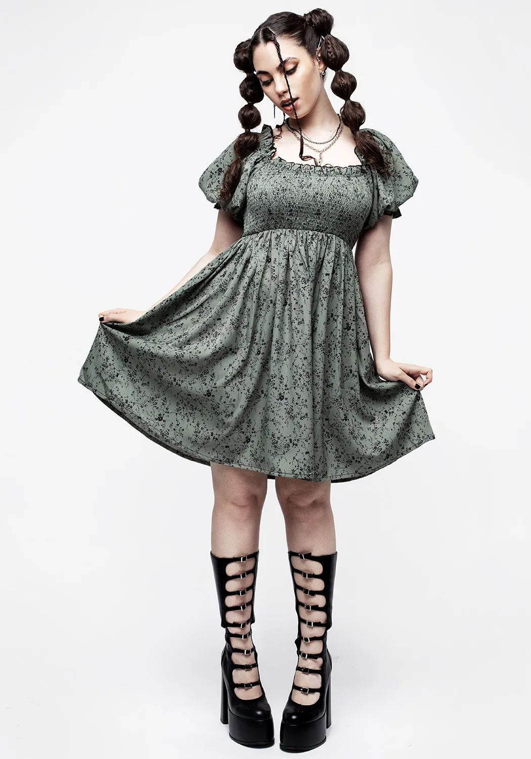 loose silhouette Hot Now Cassie Green Floral Mini Babydoll Dress