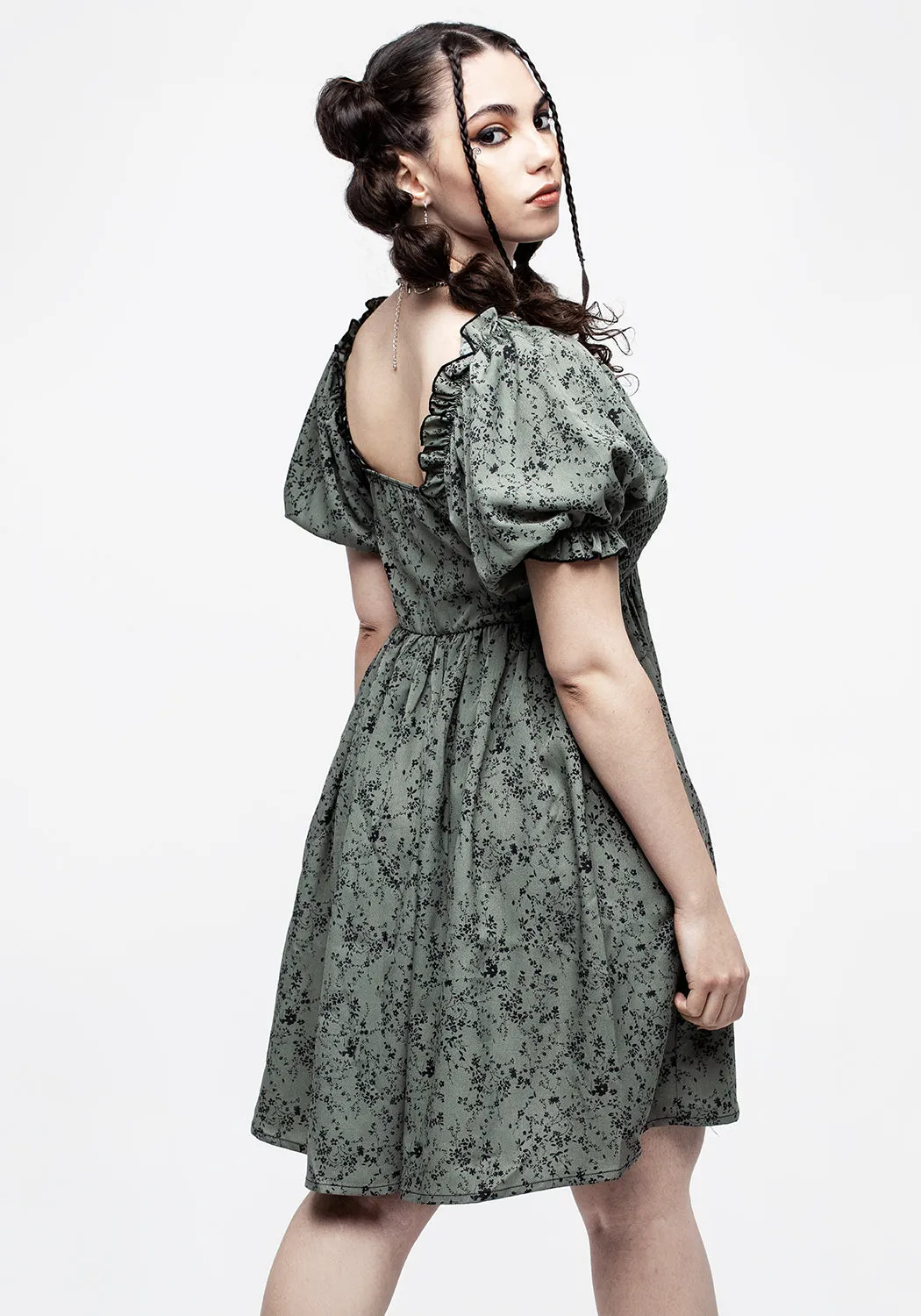 Cassie Green Floral Mini Babydoll Dress Evening Vibe