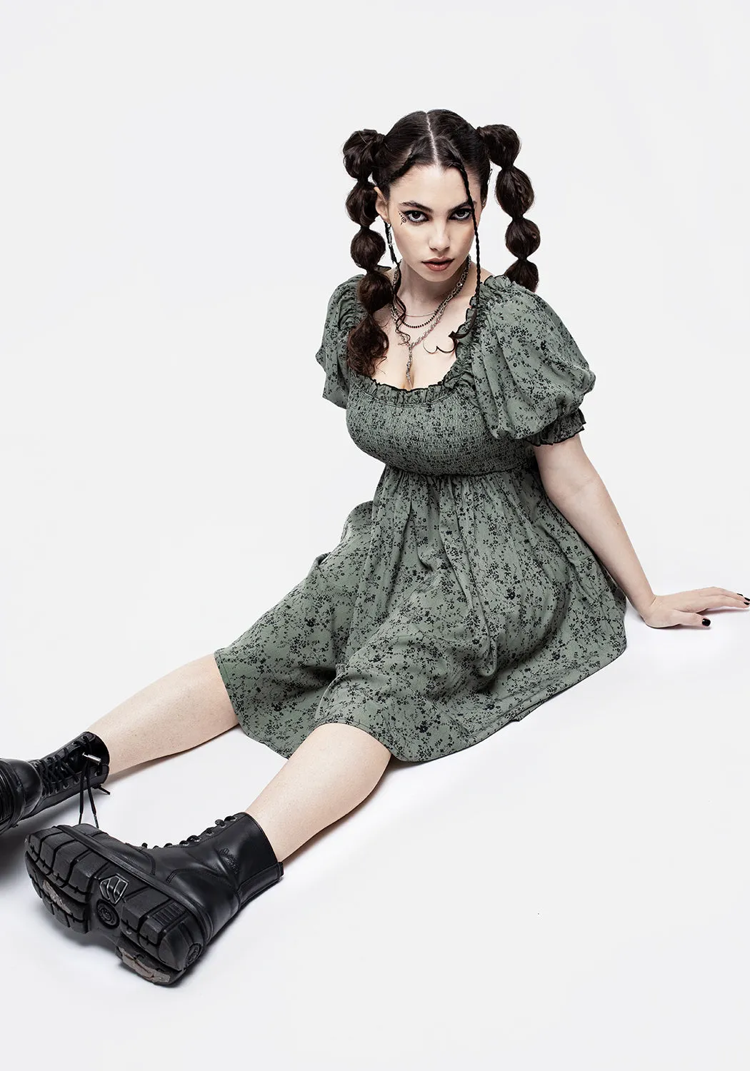 Cozy Flex Tear-resistant Cassie Green Floral Mini Babydoll Dress
