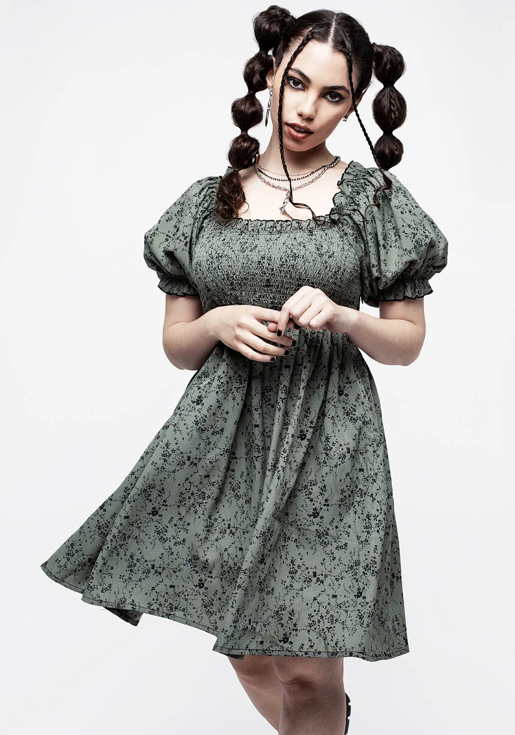Feminine midi gown Comfortable fit Cassie Green Floral Mini Babydoll Dress