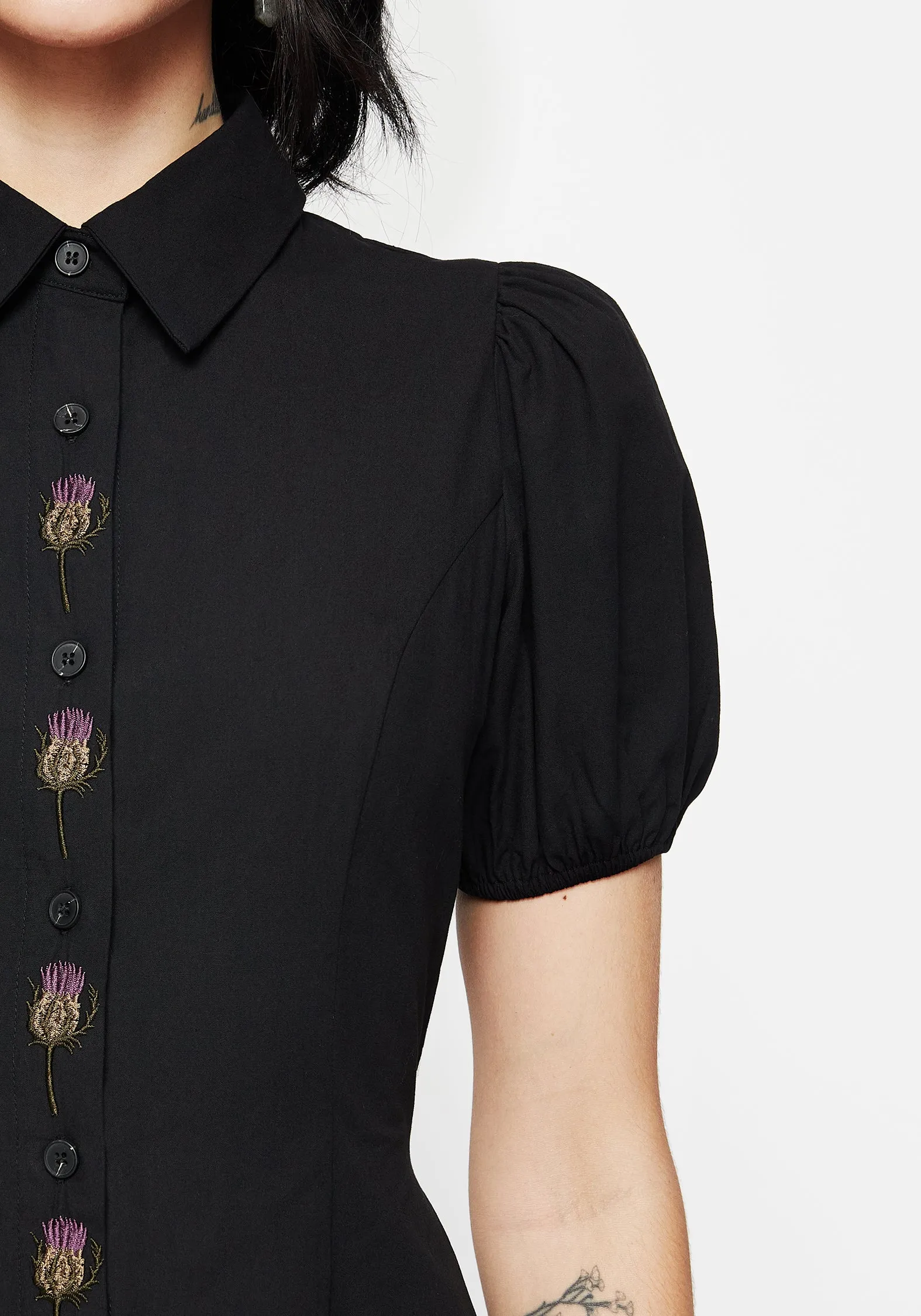 Flared shape Chill Piece Despair Cotton Thistle Embroidered Button Up Midaxi Dress