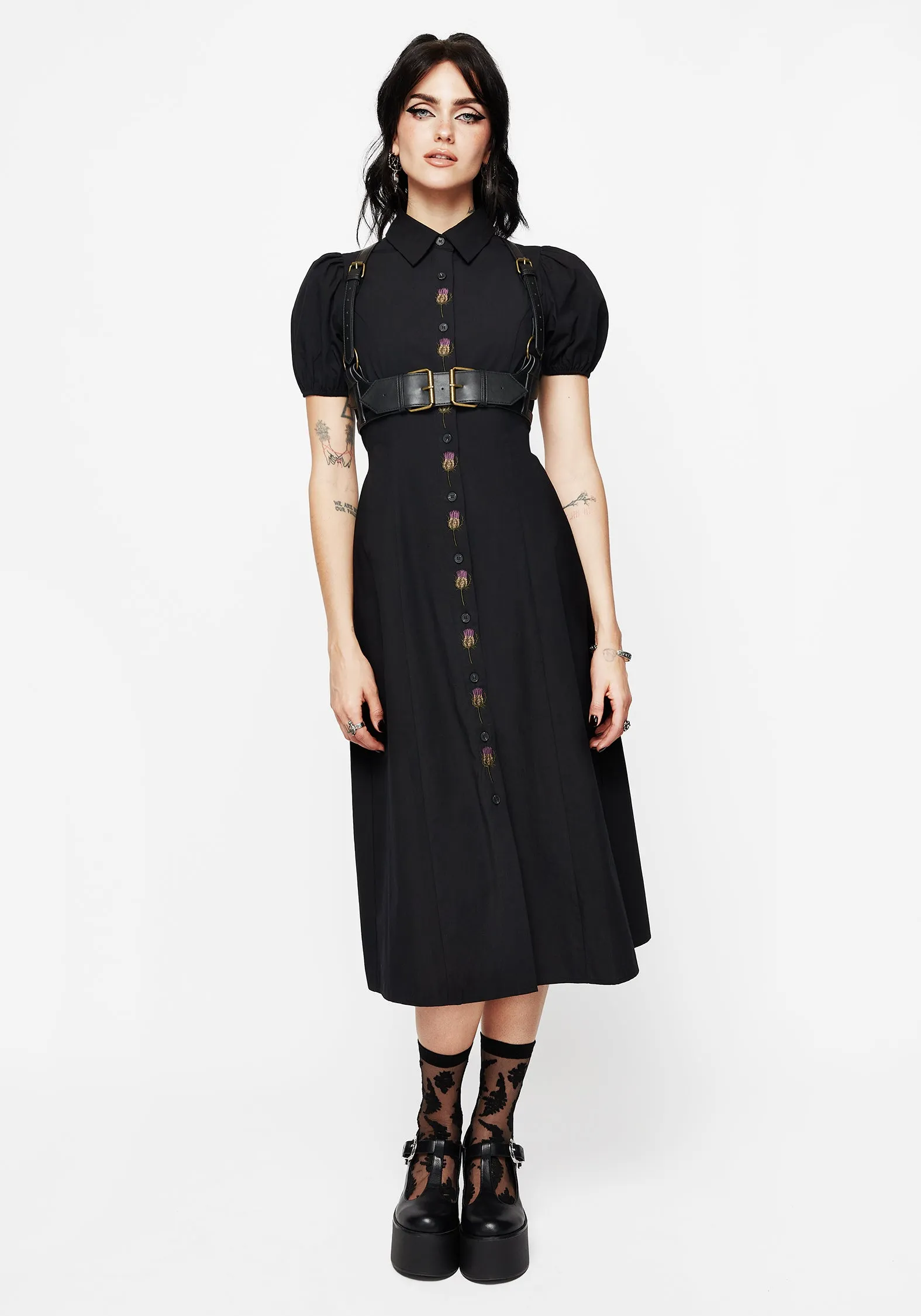 Despair Cotton Thistle Embroidered Button Up Midaxi Dress BreathableFabric Versatile Comfort