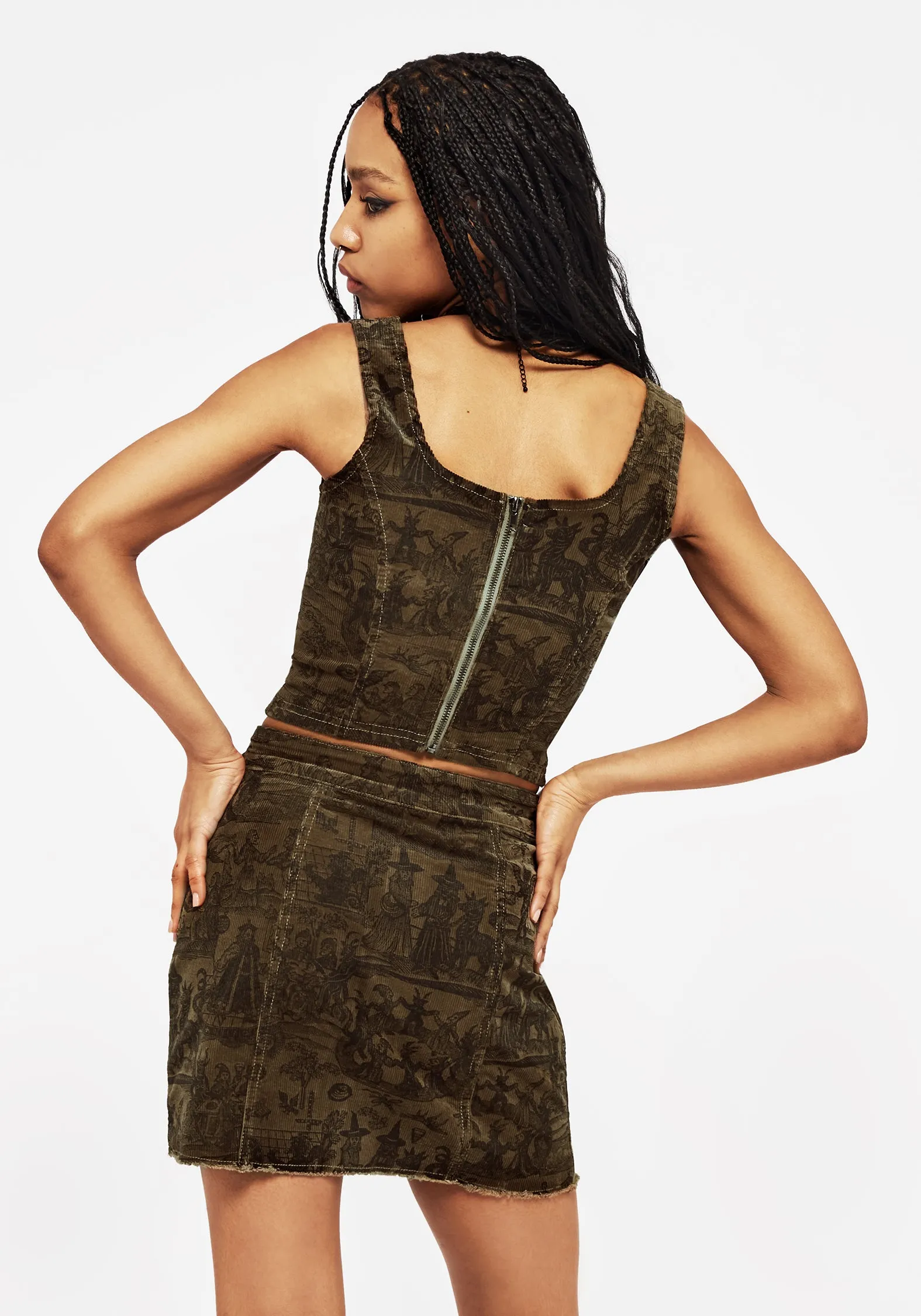 Wearable Art Inverted Pleats Diabolical Cord Woodcut Print Zip Up Mini Skirt