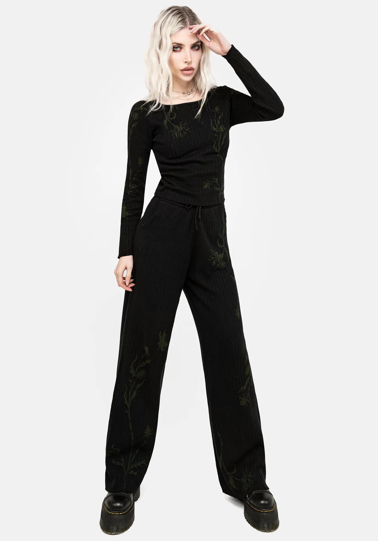 Diastella Floral Jacquard Rib Knit Trousers Soft Wear Stretch waistband