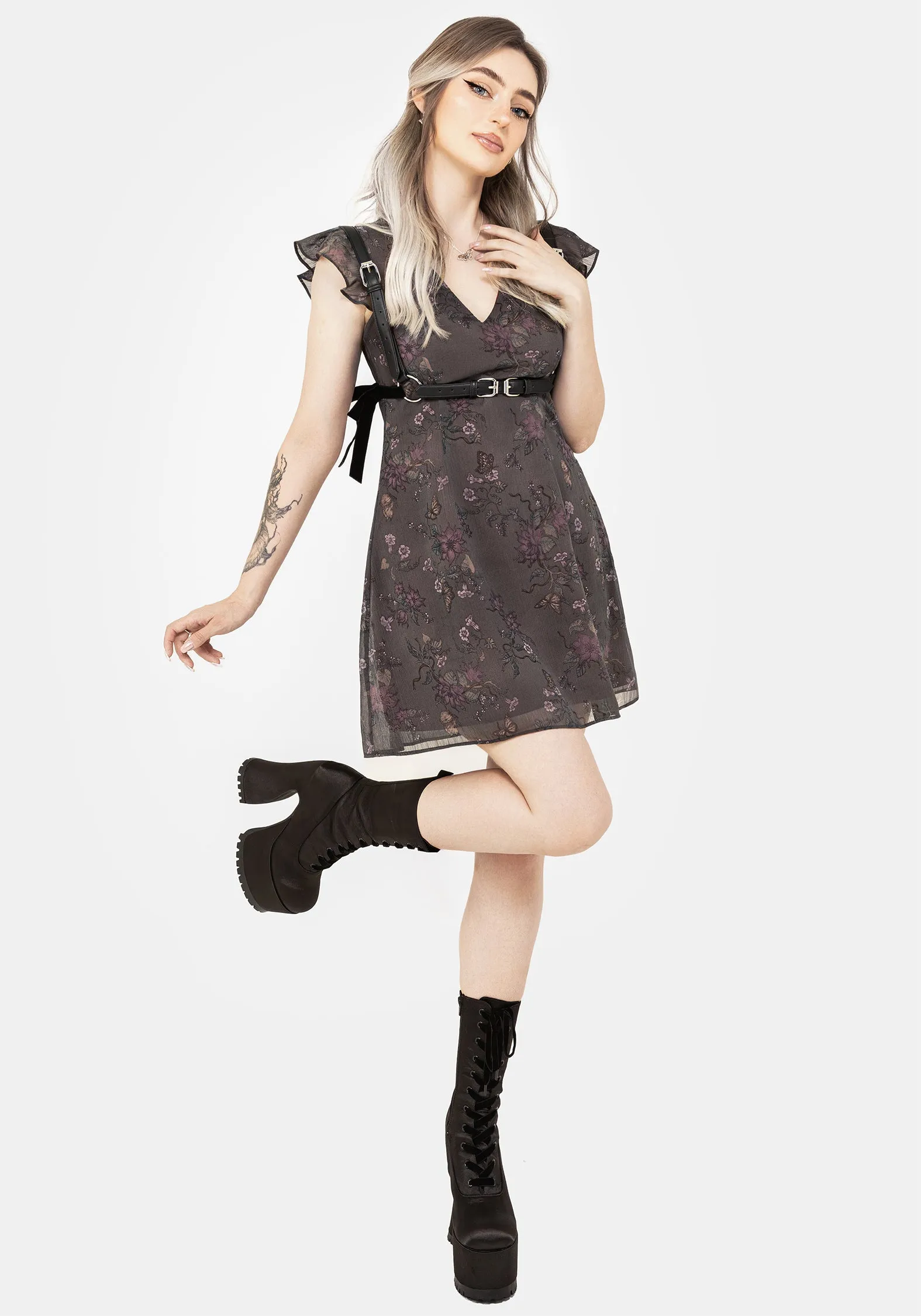 Arnora Chiffon Ruffle Detail Mini Dress Layered Texture