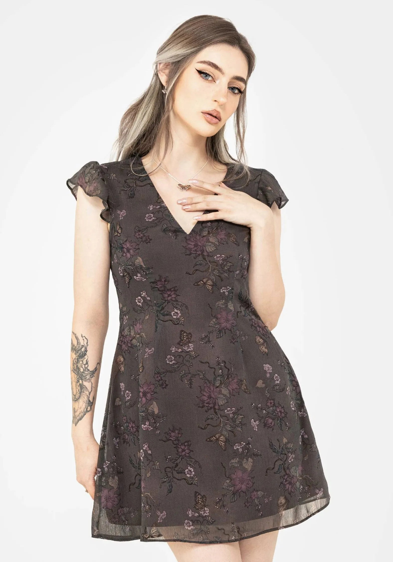 Arnora Chiffon Ruffle Detail Mini Dress Modern Silhouette Cotton Touch