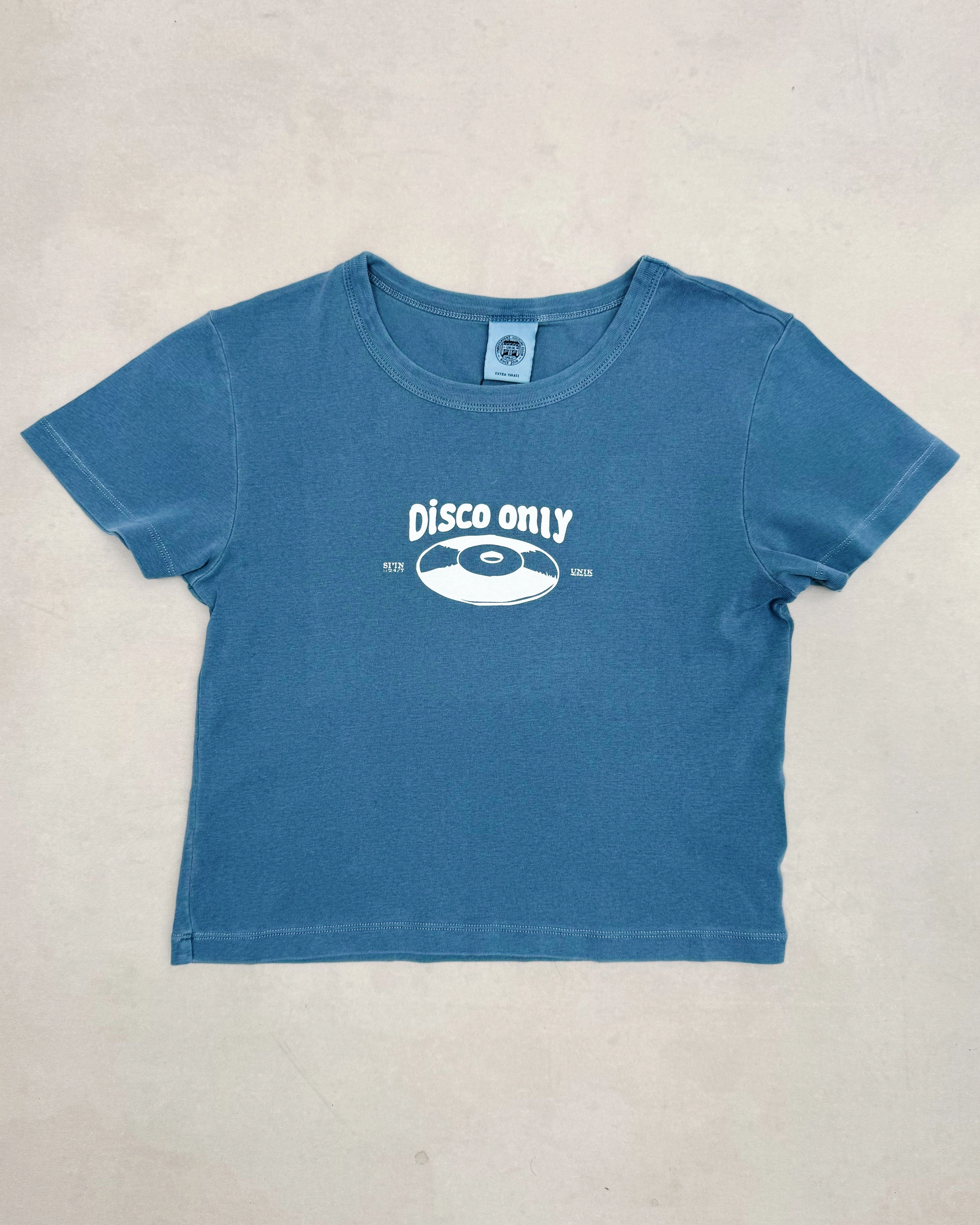 Disco Only 'Mr Phomer' Vintage Washed Baby Tee - Blue NoSideSeam Outdoor Fashion