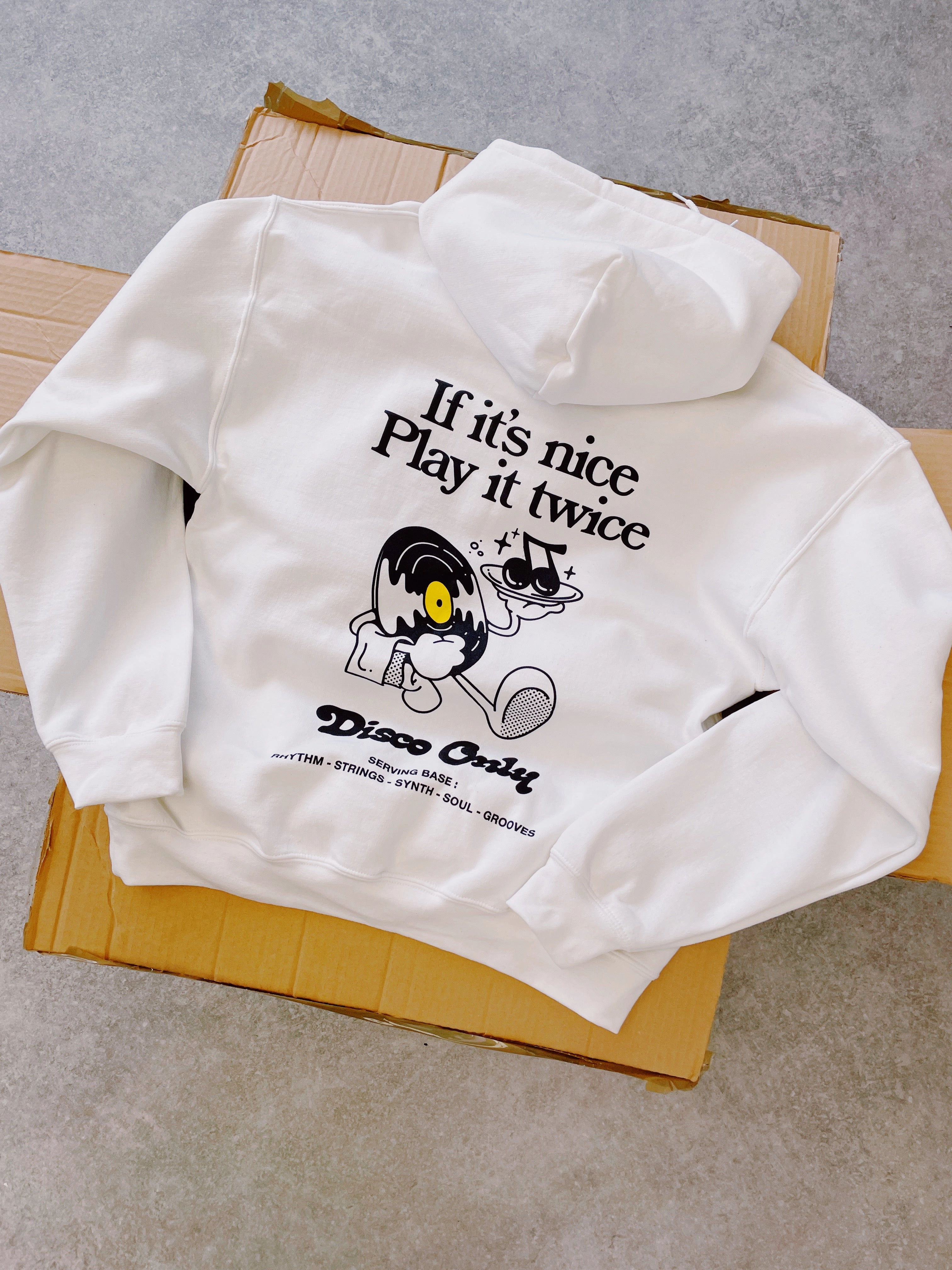 DISCO ONLY 'Play It Twice V2' Hoodie - White Adjustable Drawstring Hood Ivy League style