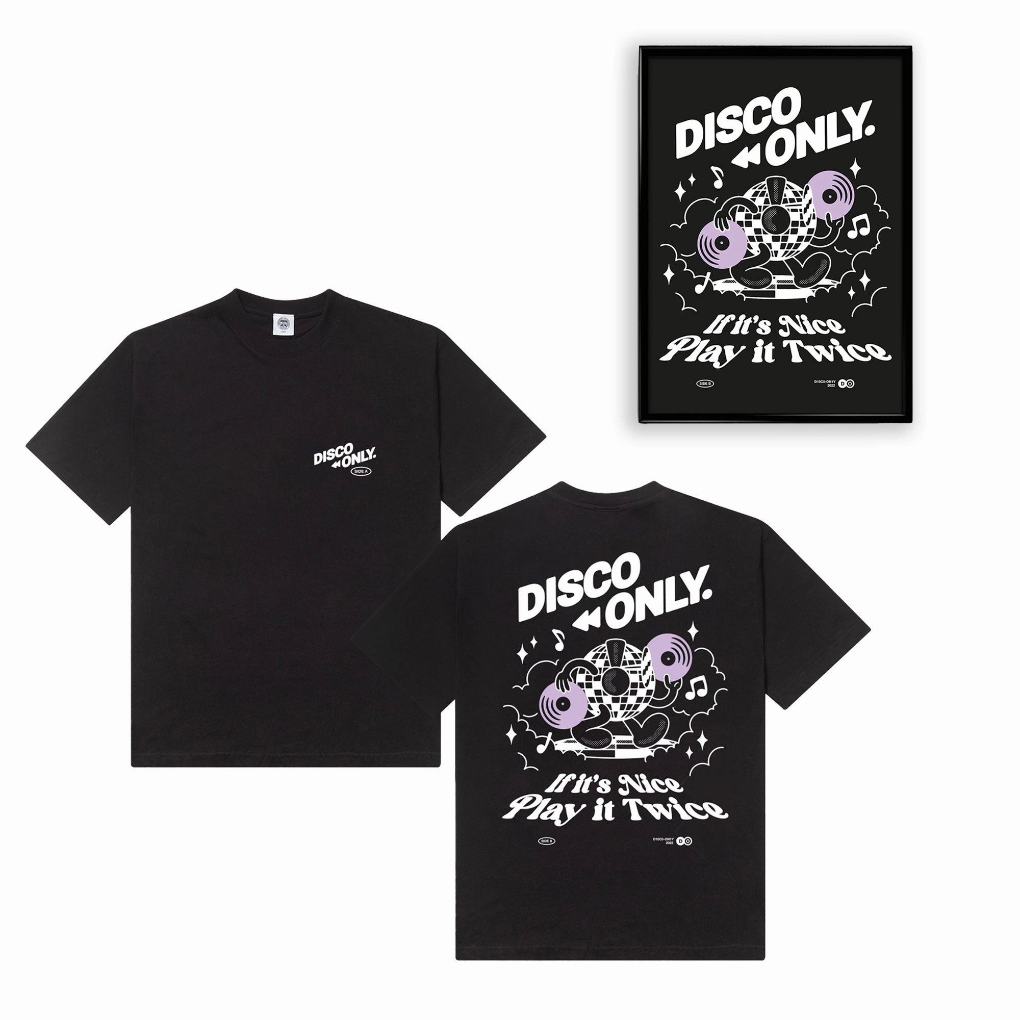 DISCO ONLY 'Play It Twice V4' Tee & Print Bundle - Black DoubleStitched Seams