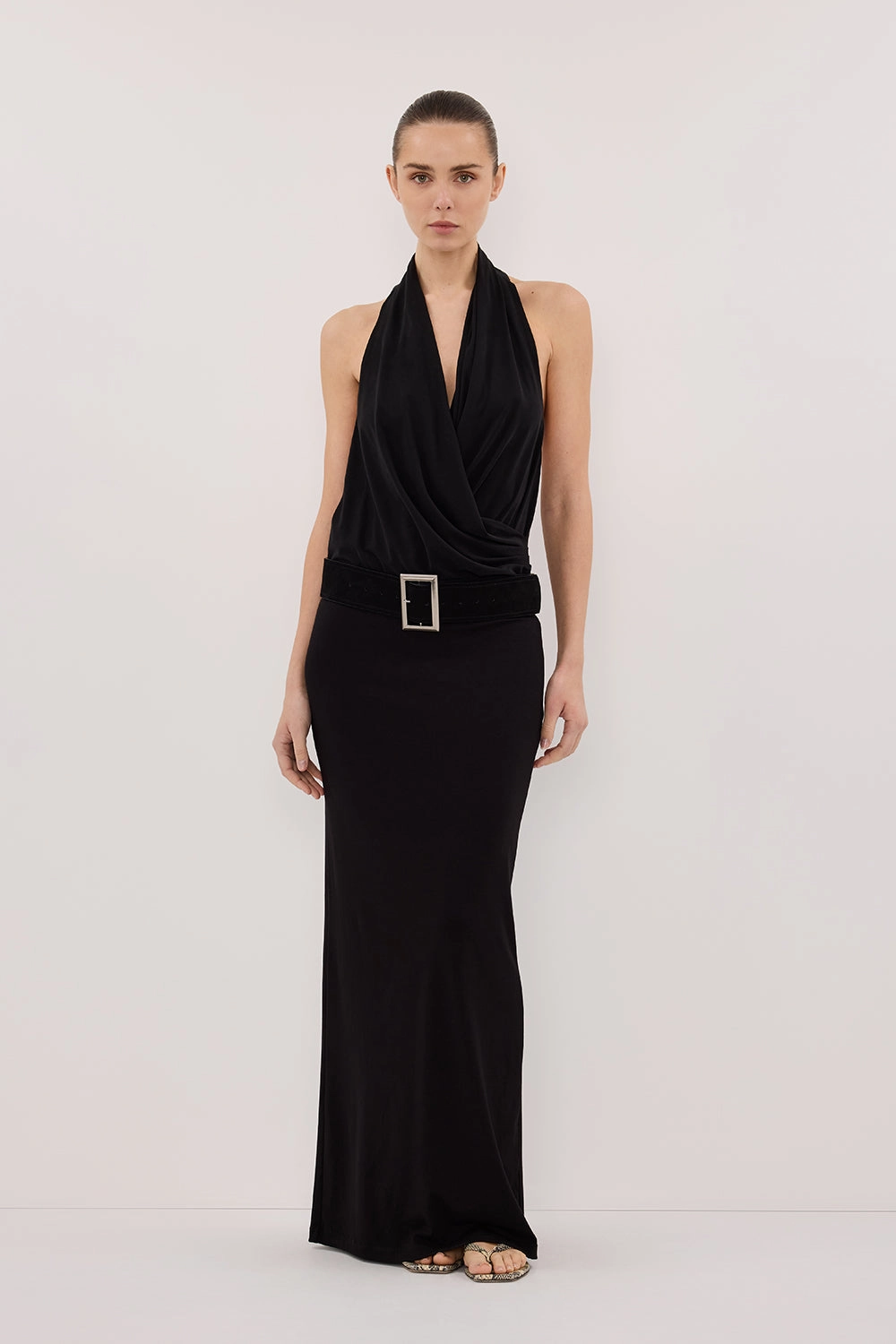 FELICITY BLACK SLEEVELESS HALTER MIDI DRESS Pleated-Skirt Classic and Modern