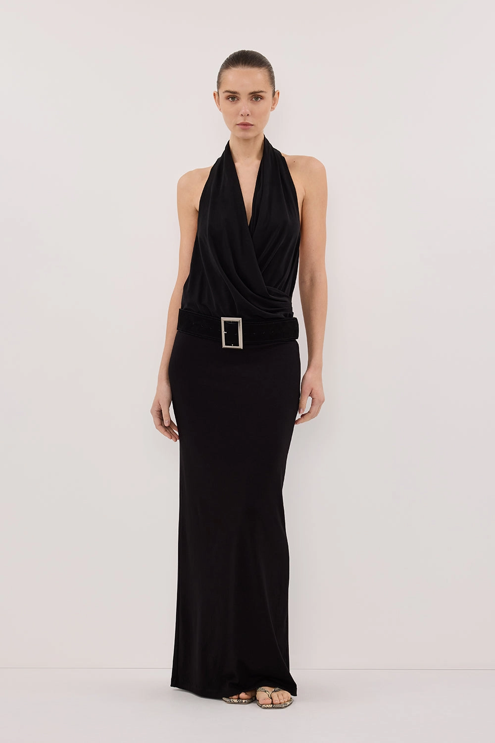 FELICITY BLACK SLEEVELESS HALTER MIDI DRESS NonChafeSeams Relaxed Style