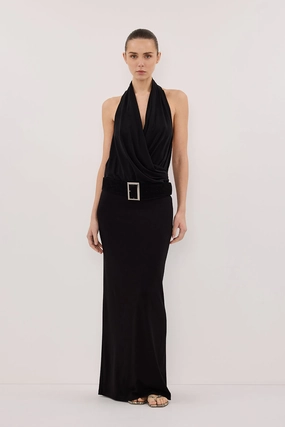 FELICITY BLACK SLEEVELESS HALTER MIDI DRESS Pleated-Skirt Classic and Modern