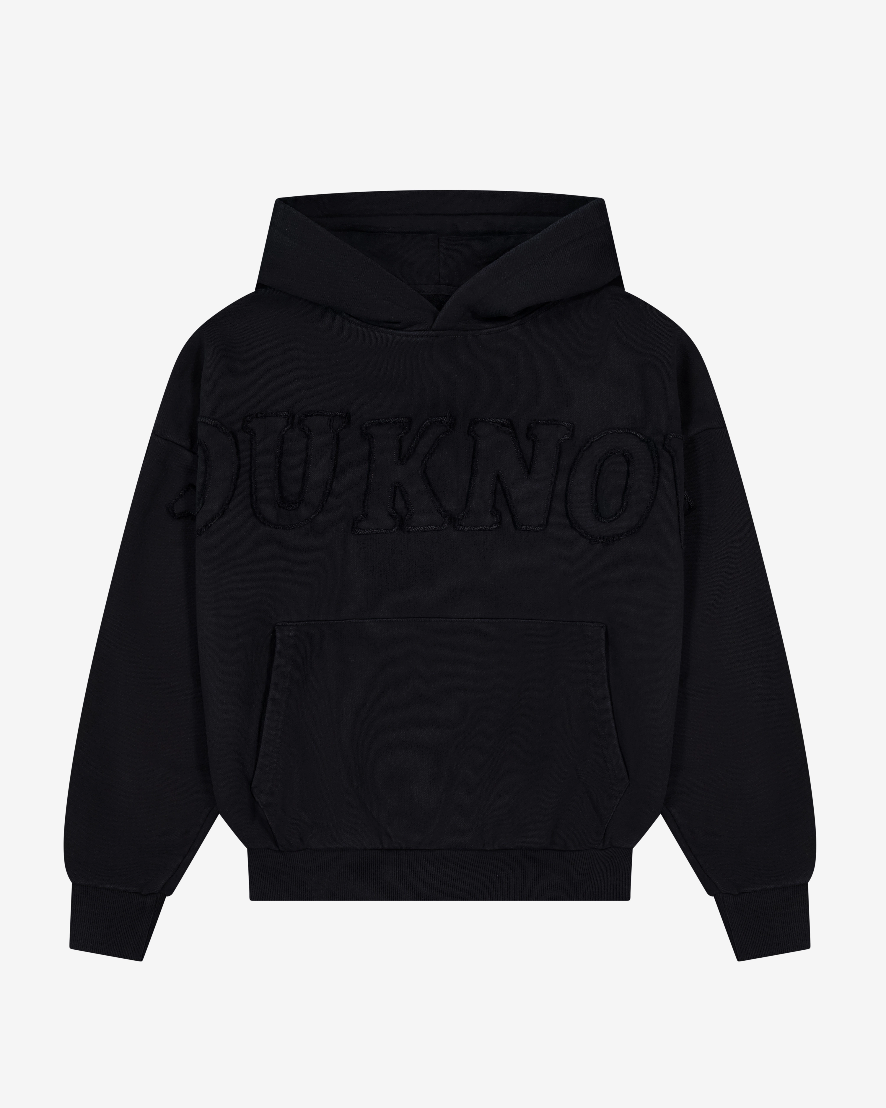 Distressed Applique Hoodie | Washed Black Coyote like Brushed Fleece