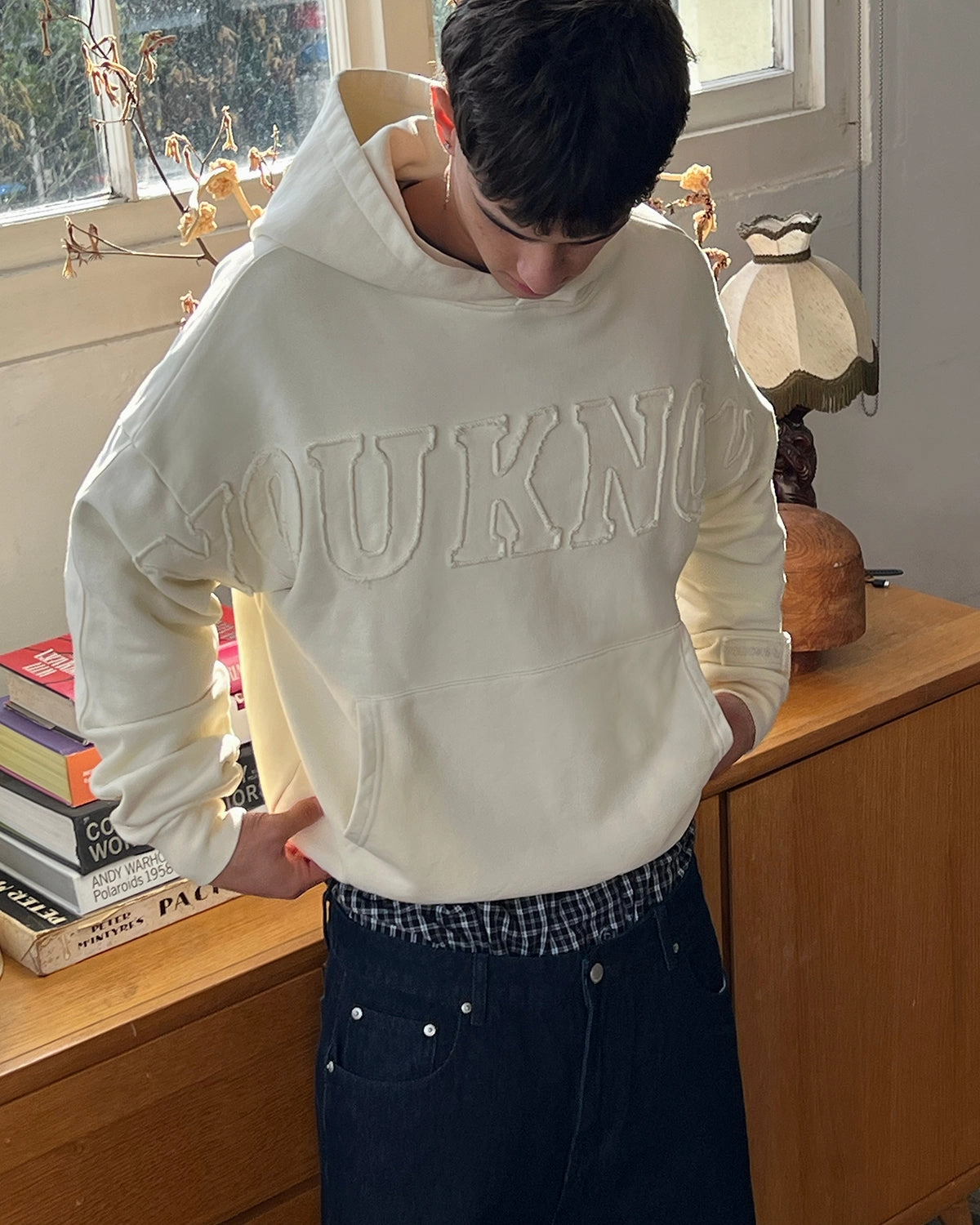Distressed Applique Hoodie | Washed Cream French Terry Cloth Patchwork
