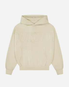 Compact Ribbed Cuffs Distressed Applique Hoodie | Washed Cream