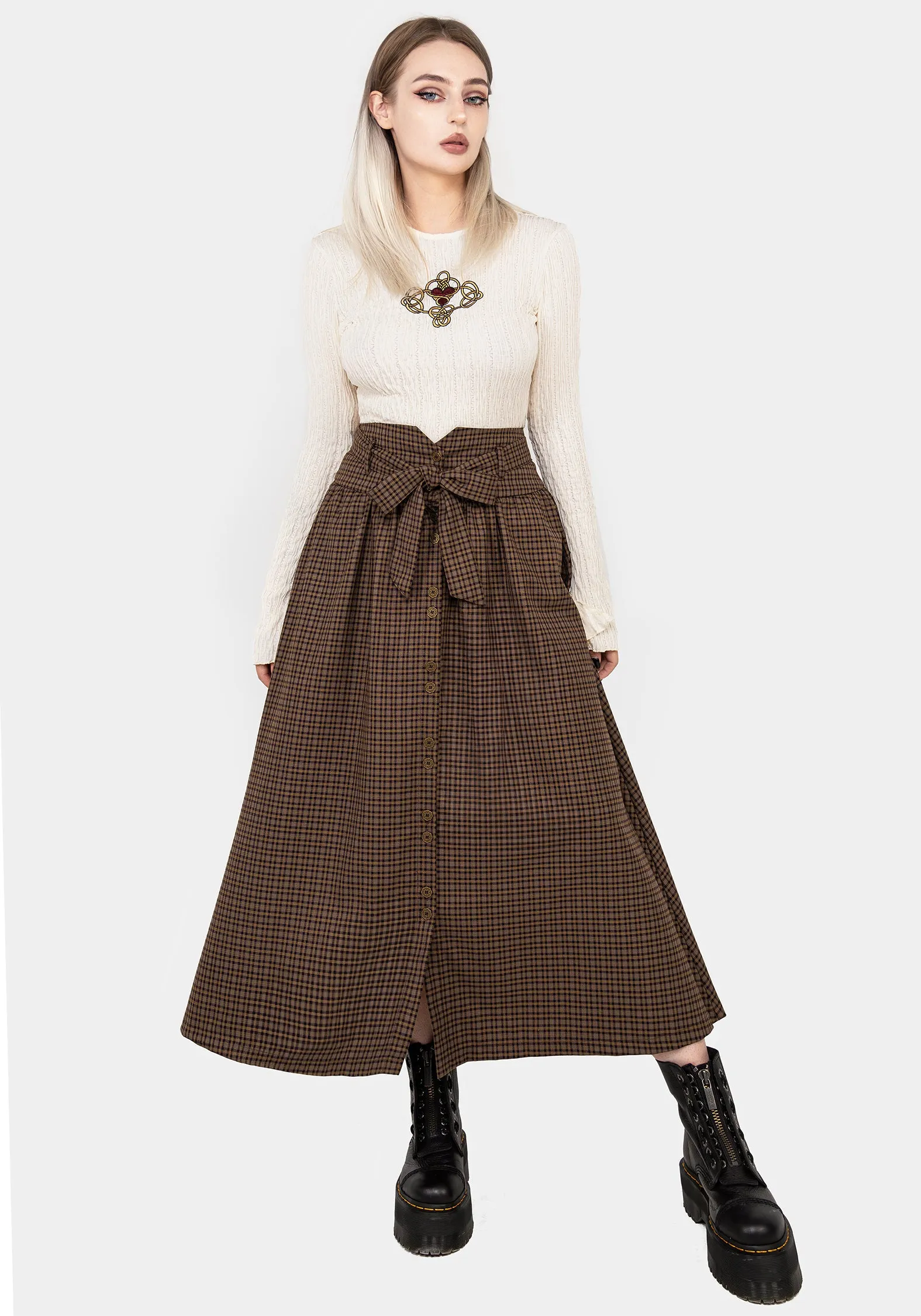 Sweetspire Check Tie Waist Midaxi Skirt Curvy Fit