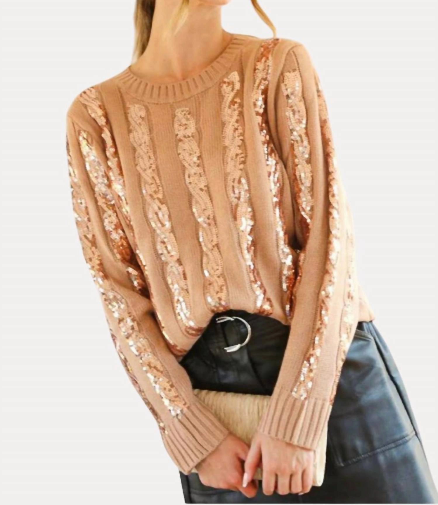 Sequin Sweater In Tan/gold Hygroscopic Fiber Blend