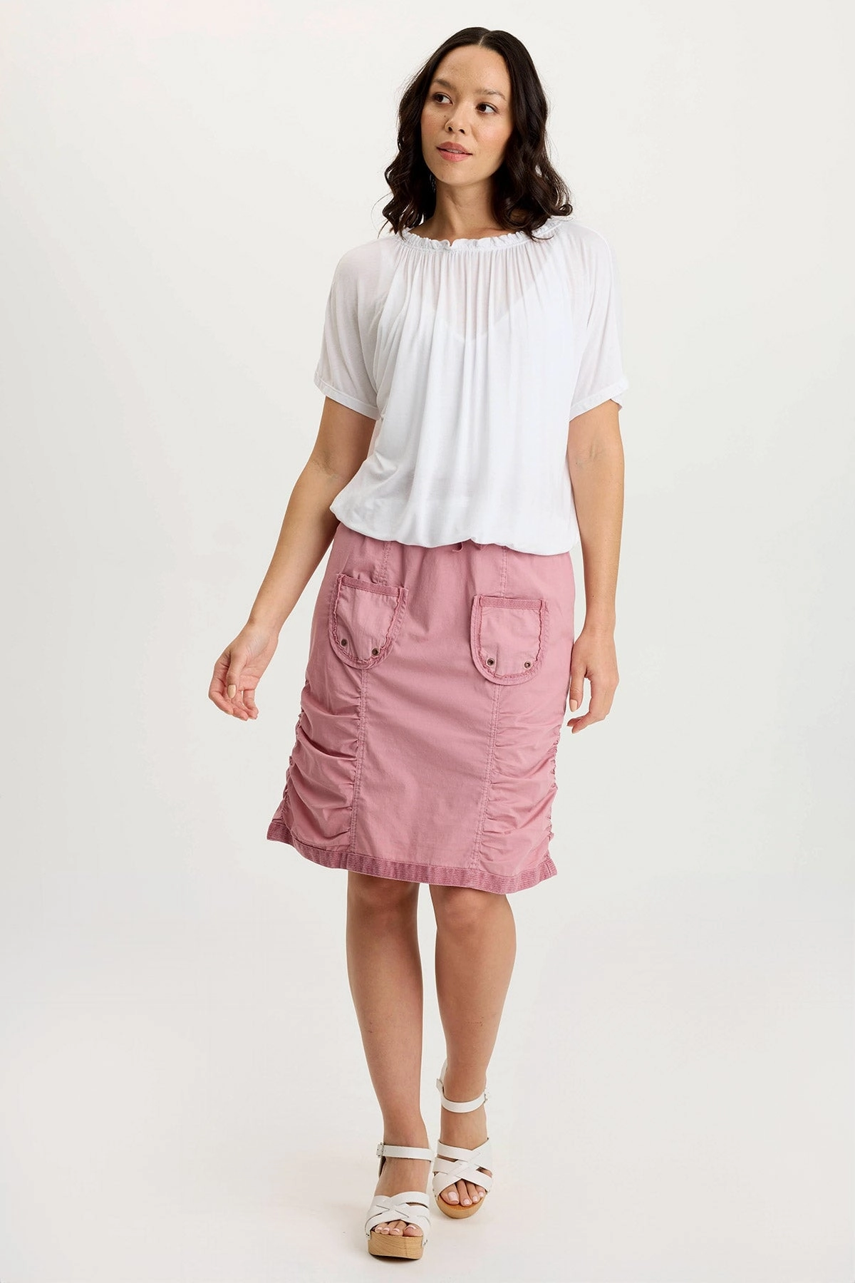 Tozie Poplin Ruched Panel Drawstring Mini Skirt Leg Elongating Recycled Polyester