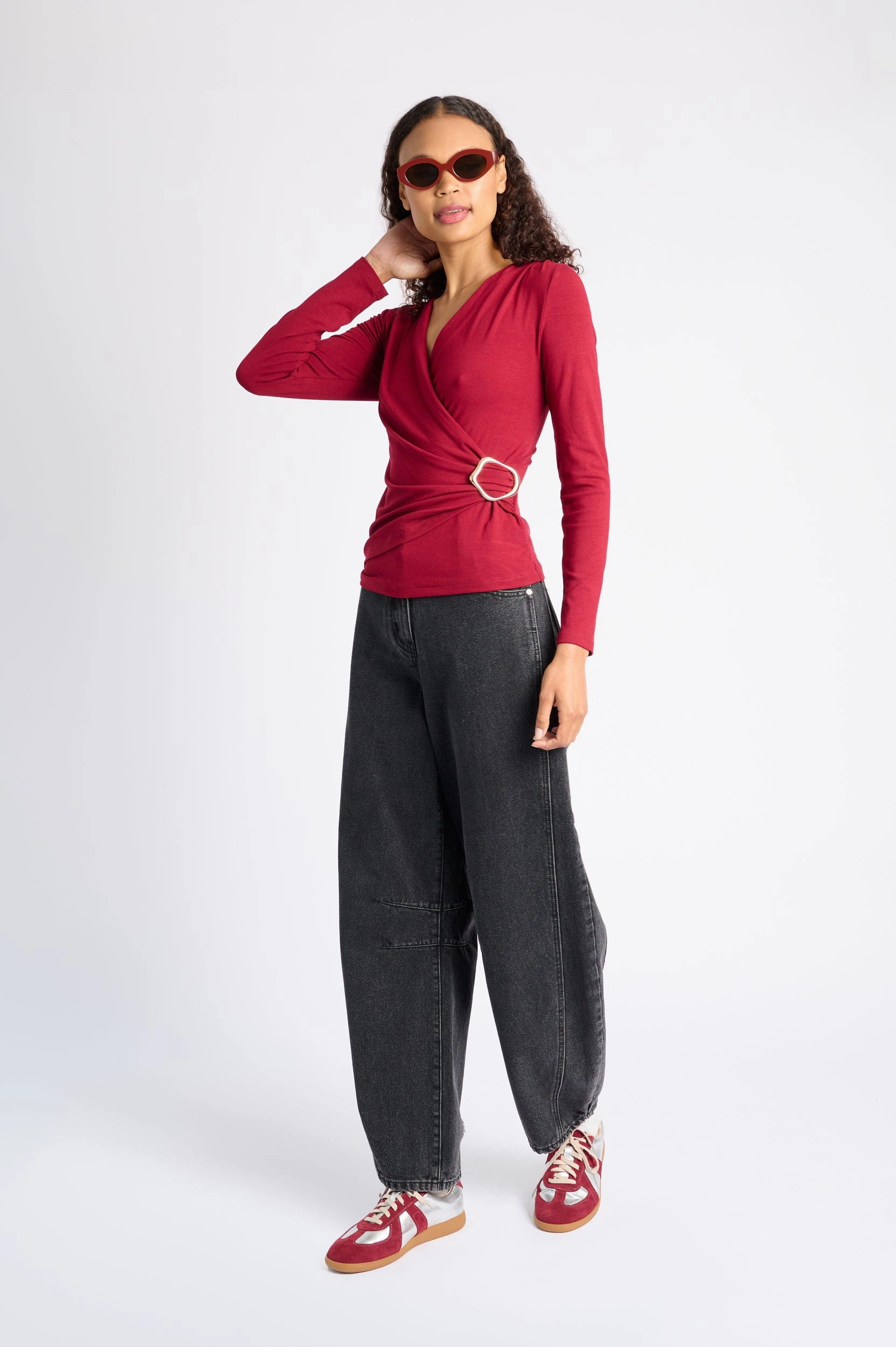 Draped Gold Buckle Top in Burgundy Convertible Neckline UV Protection