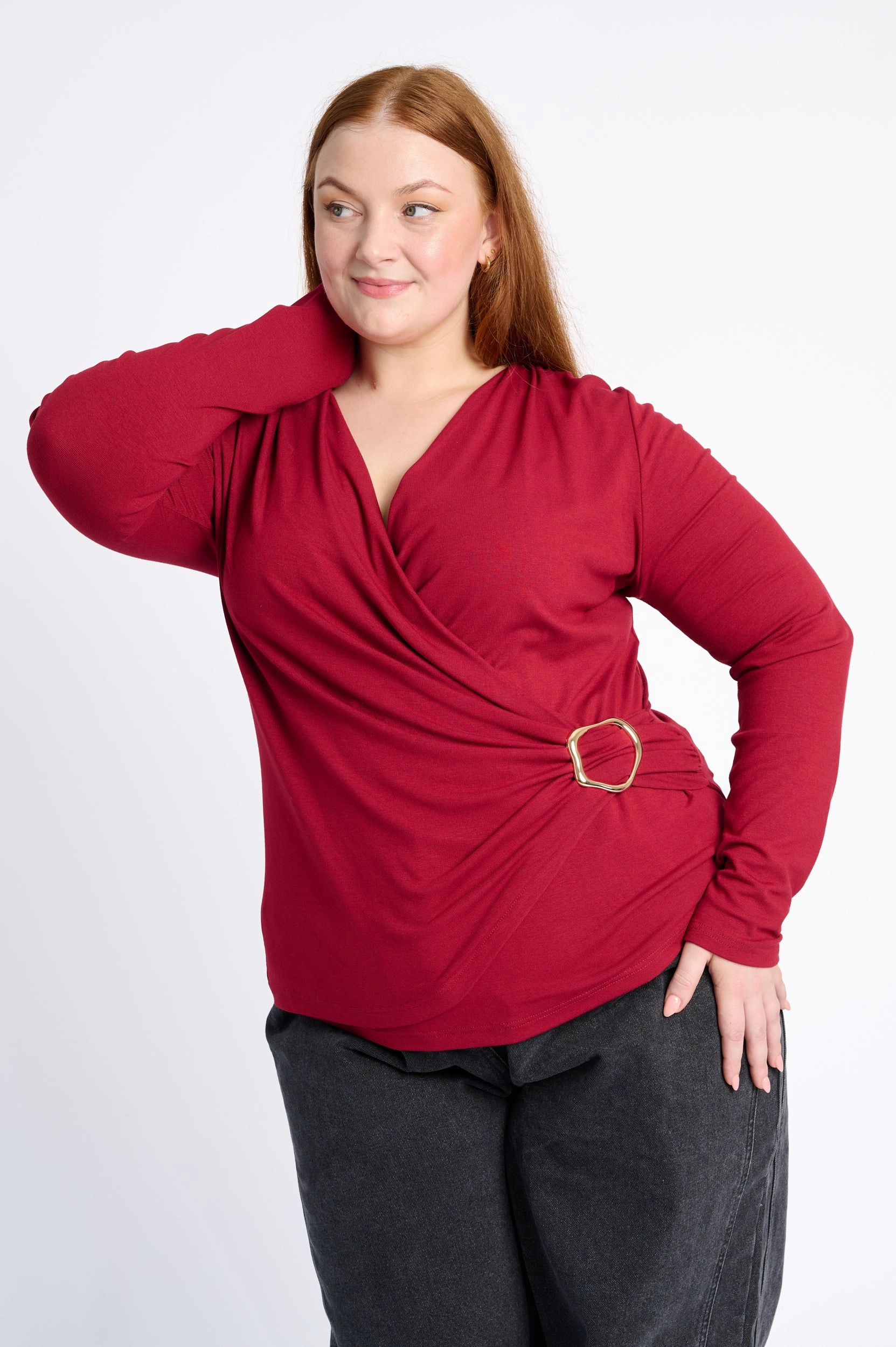 Draped Gold Buckle Top in Burgundy Contrast Stitch Detail Lightweight Thermal
