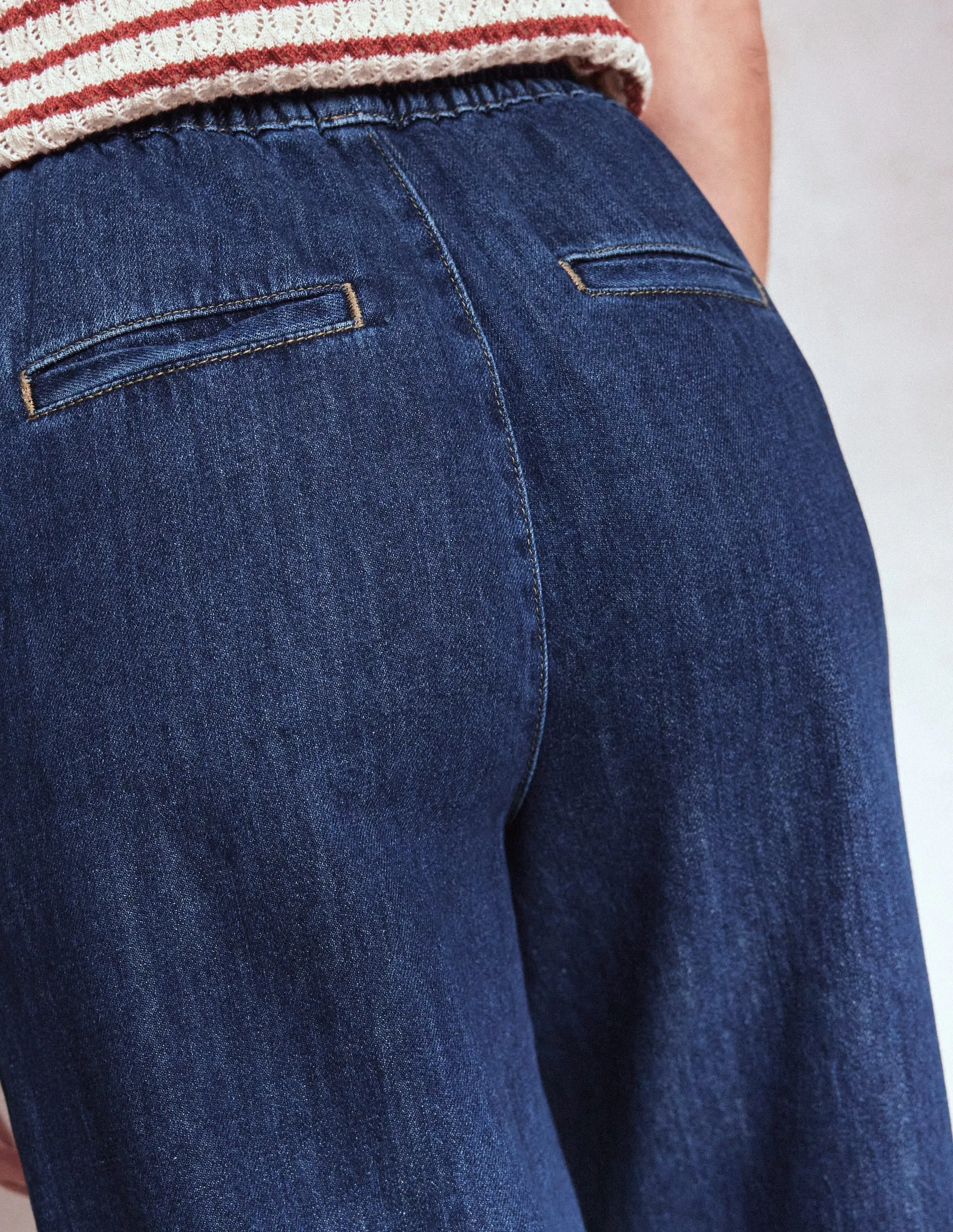 Laser Cut Perforations Drawcord Denim Trousers-MID WASH