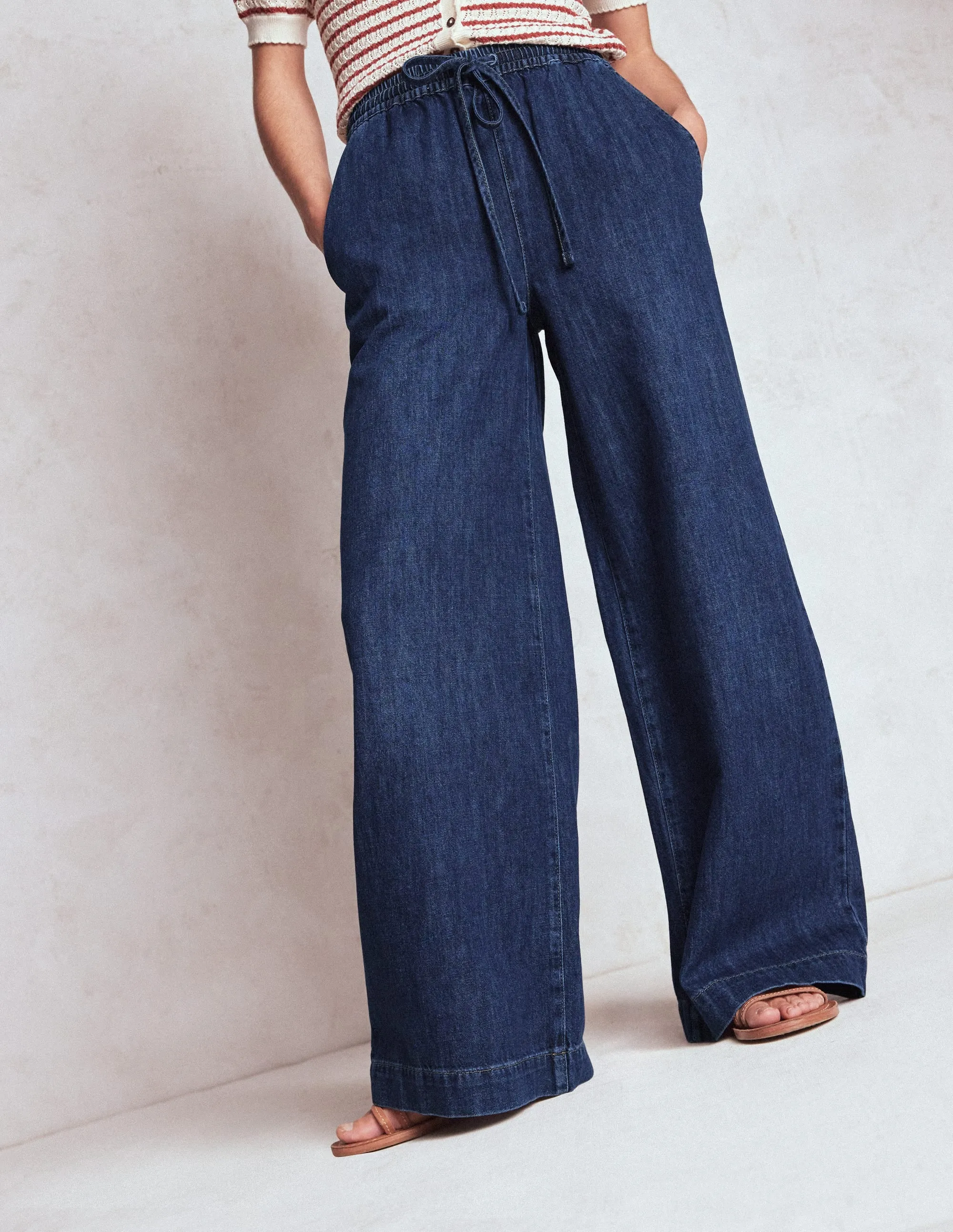 Cozy Casual Drawcord Denim Trousers-MID WASH