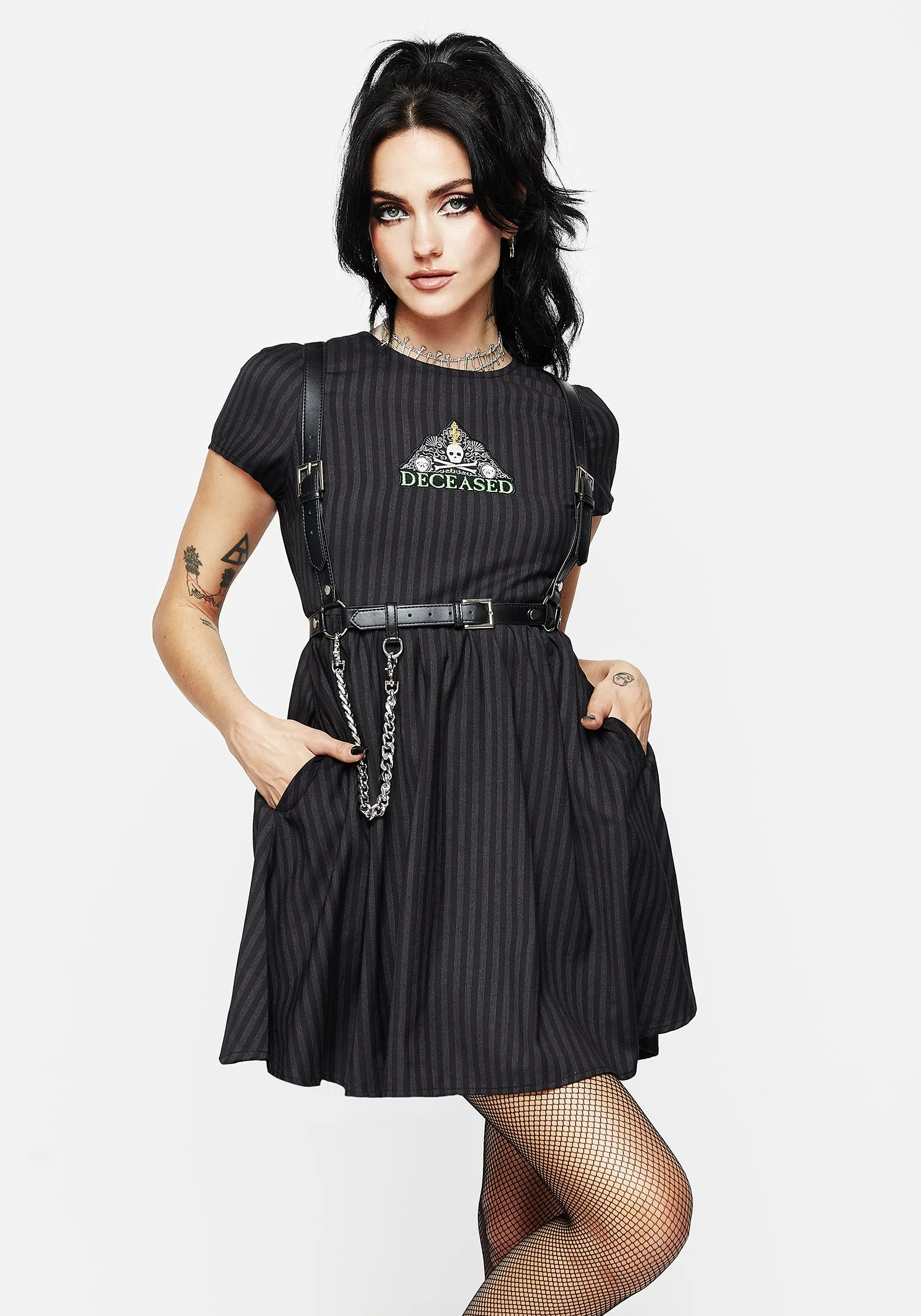 Deceased Embroidered Striped Mini Skater Dress Formal Setting