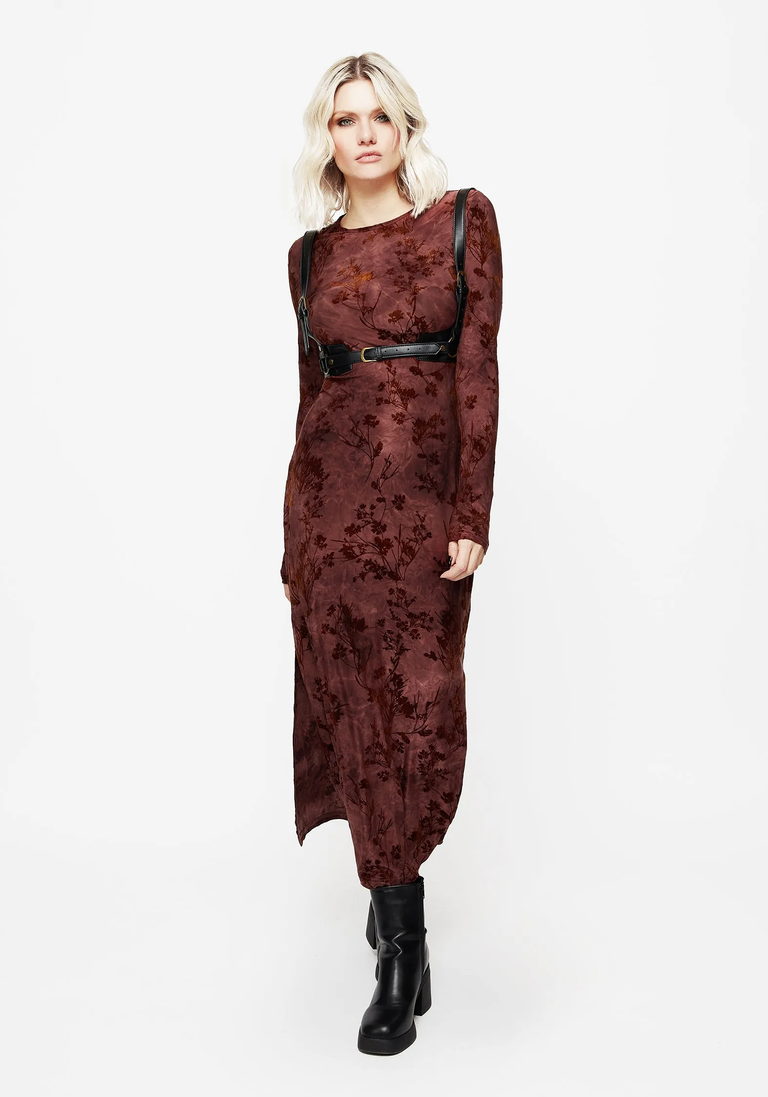 Romantic dinner wear Wytchelm Flocked Velour Midaxi Dress - Red