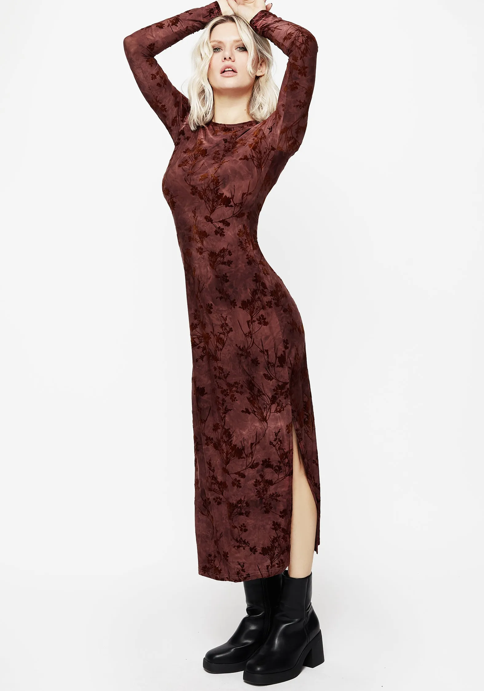 Wytchelm Flocked Velour Midaxi Dress - Red Subtle Detail