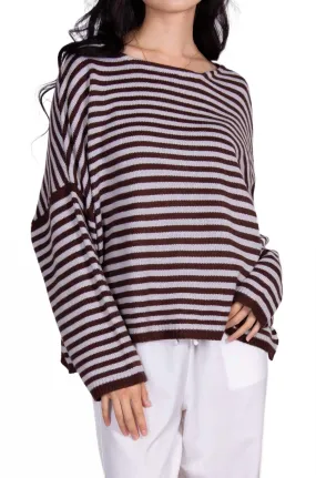 Dropped-Shoulder Striped Knit Sweater In Powder Blue/brown Odor Resistant Finish