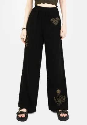 Foliate Linen-Blend Embroidered Wide Leg Trousers - Black Dynamic Motion