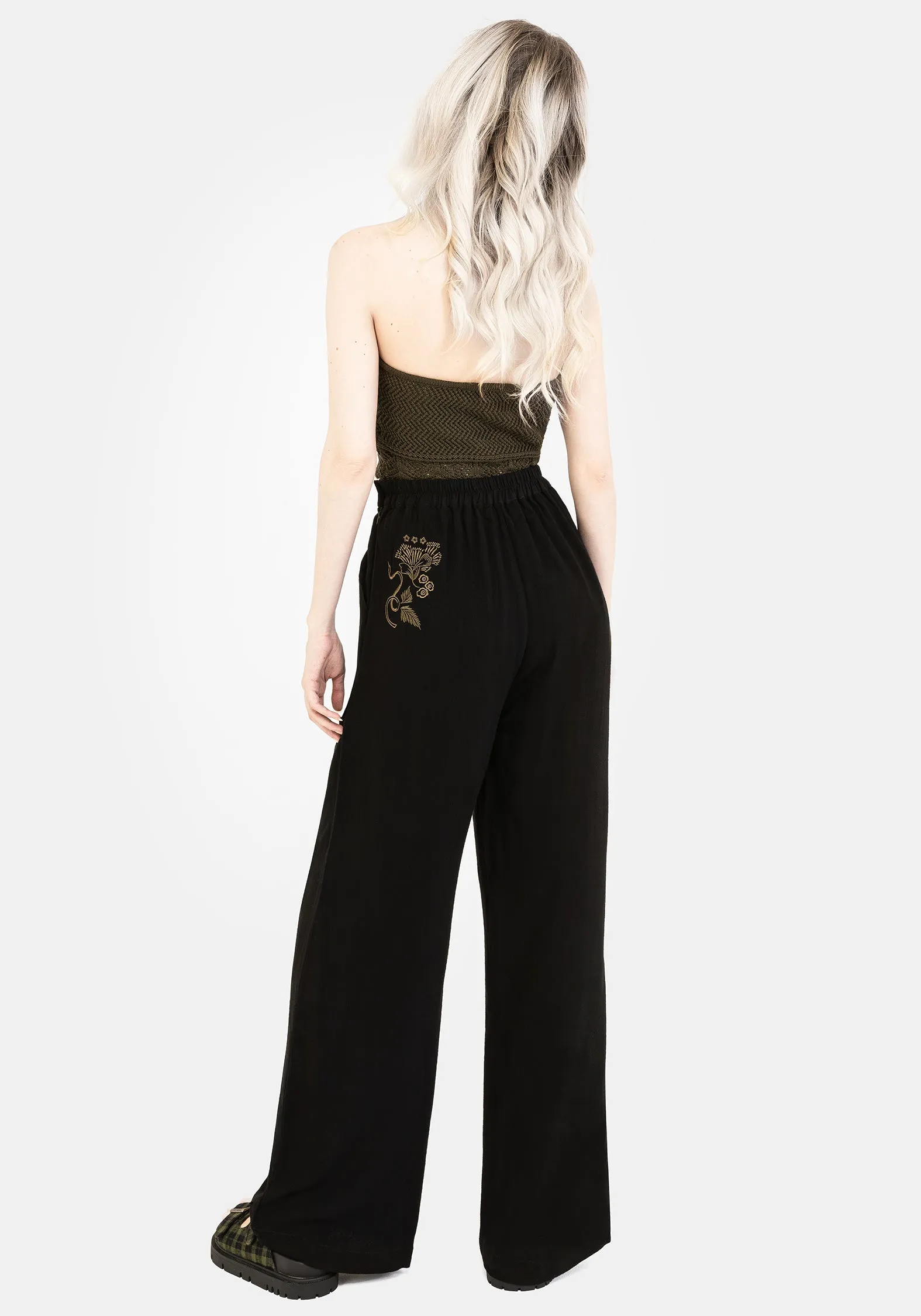 Flexible Waistband Foliate Linen-Blend Embroidered Wide Leg Trousers - Black