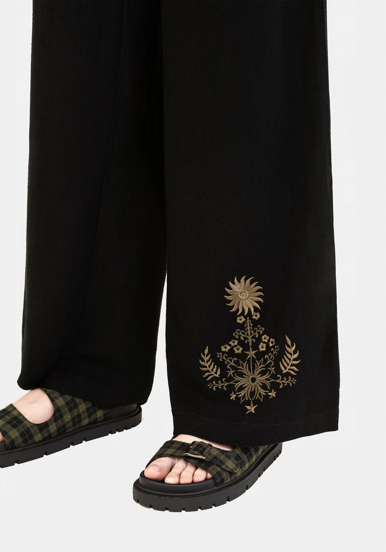 Simple Silhouette Cozy Stretch Foliate Linen-Blend Embroidered Wide Leg Trousers - Black