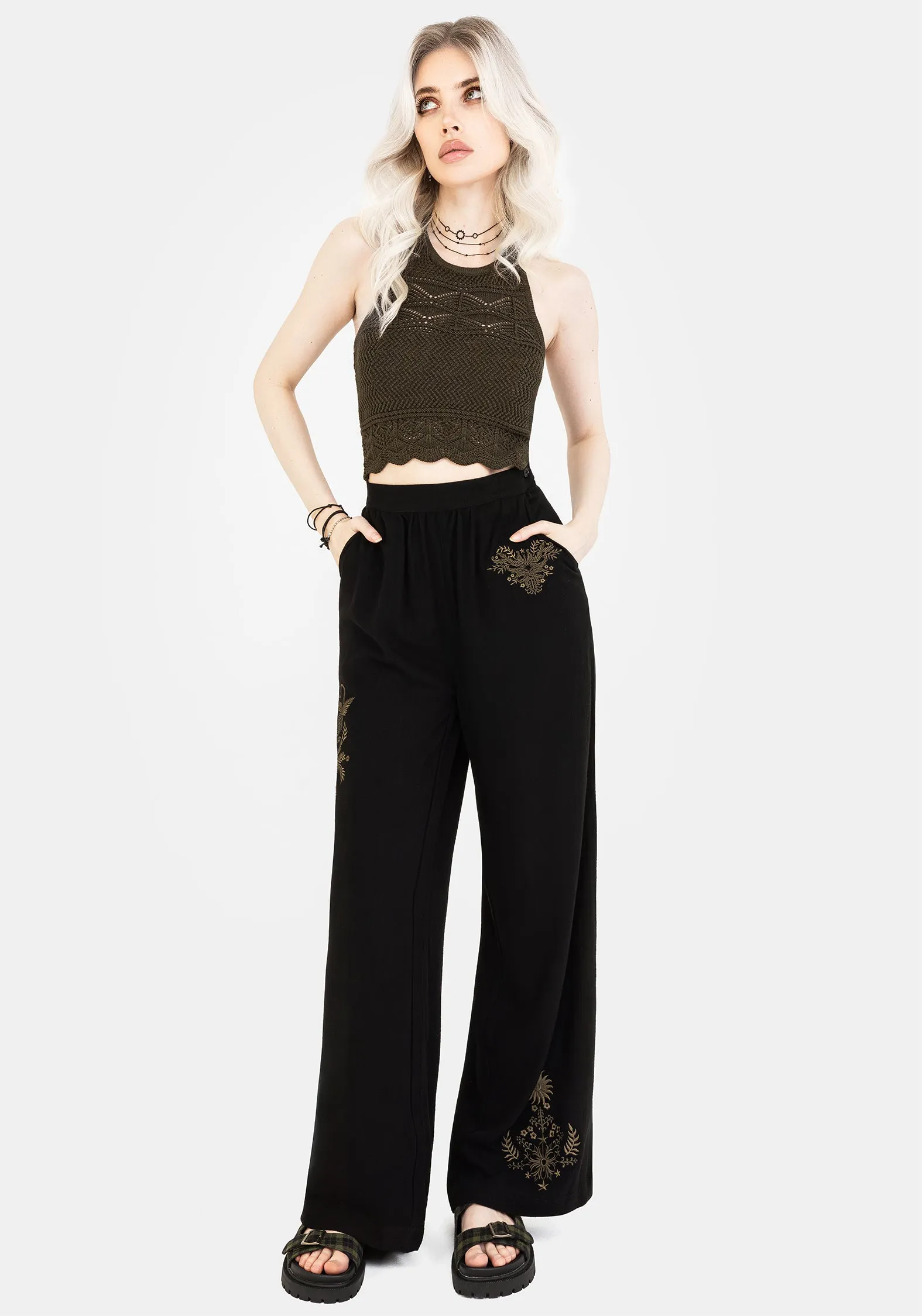 TearResistantPanels RegularFit Foliate Linen-Blend Embroidered Wide Leg Trousers - Black