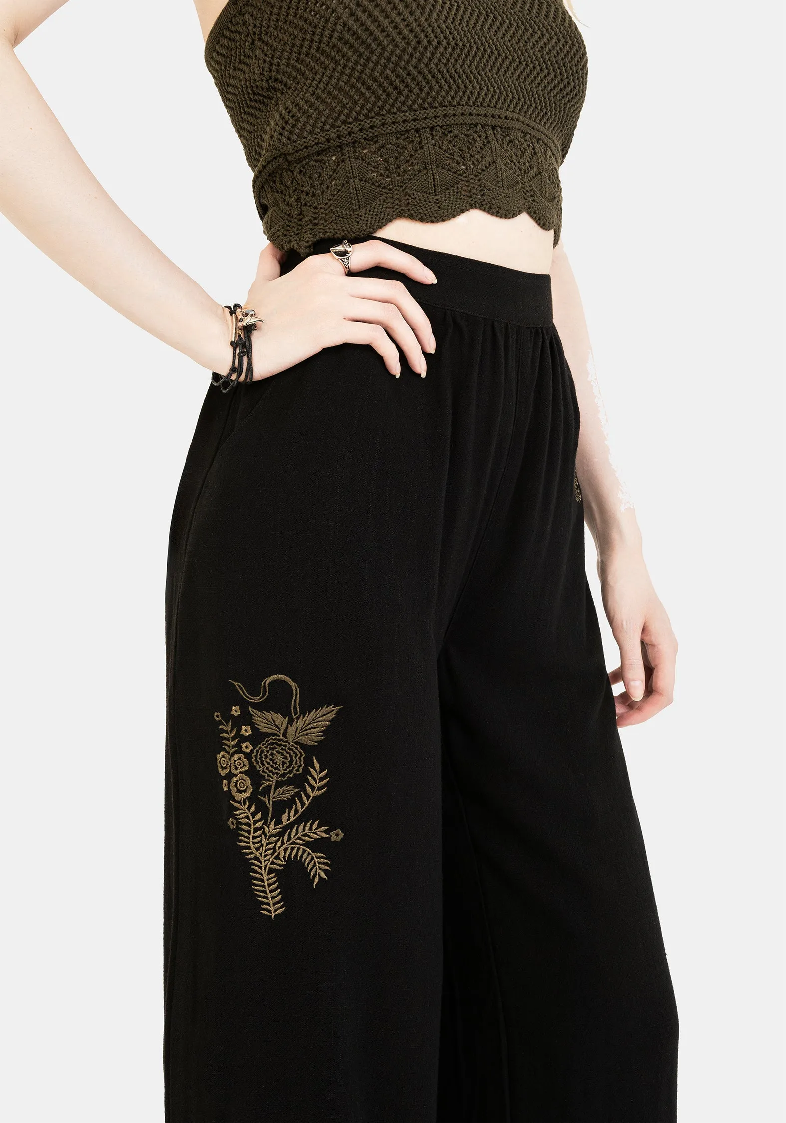 Foliate Linen-Blend Embroidered Wide Leg Trousers - Black Soft and Stretchy