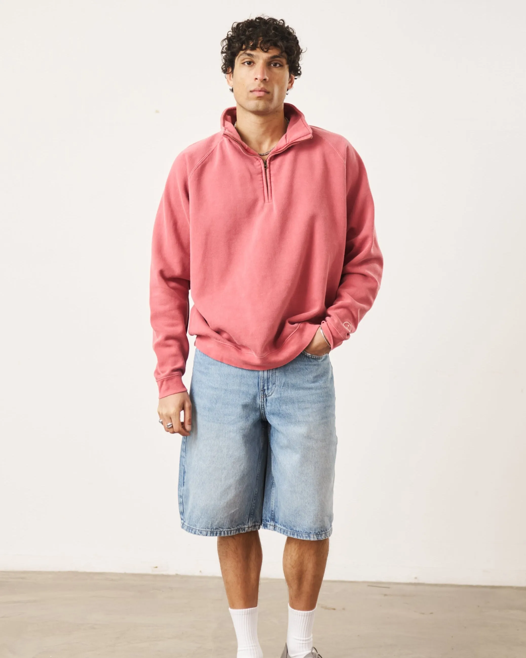 Textured Knit Essentials Vintage Washed 1/4 Zip Sweatshirt - Red