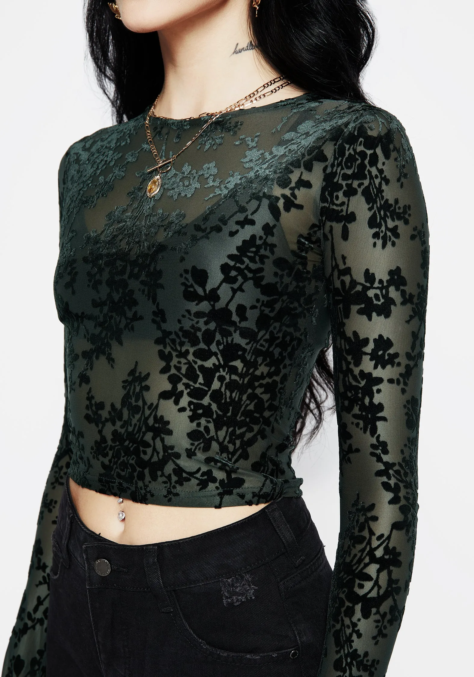 Avalon Floral Flocked Velour Boat Neck Top Mesh
