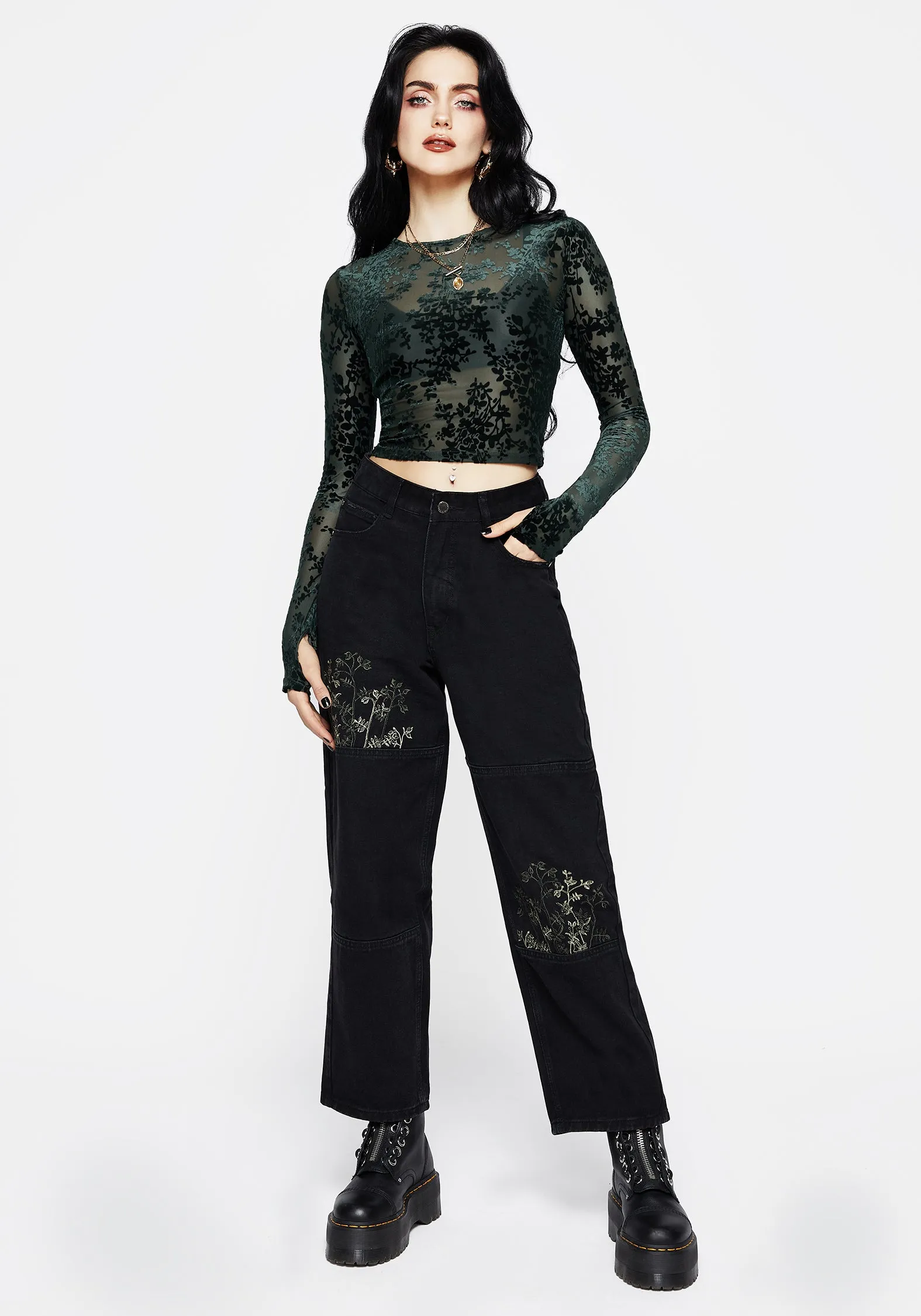 Enhance Cuffed Avalon Floral Flocked Velour Boat Neck Top