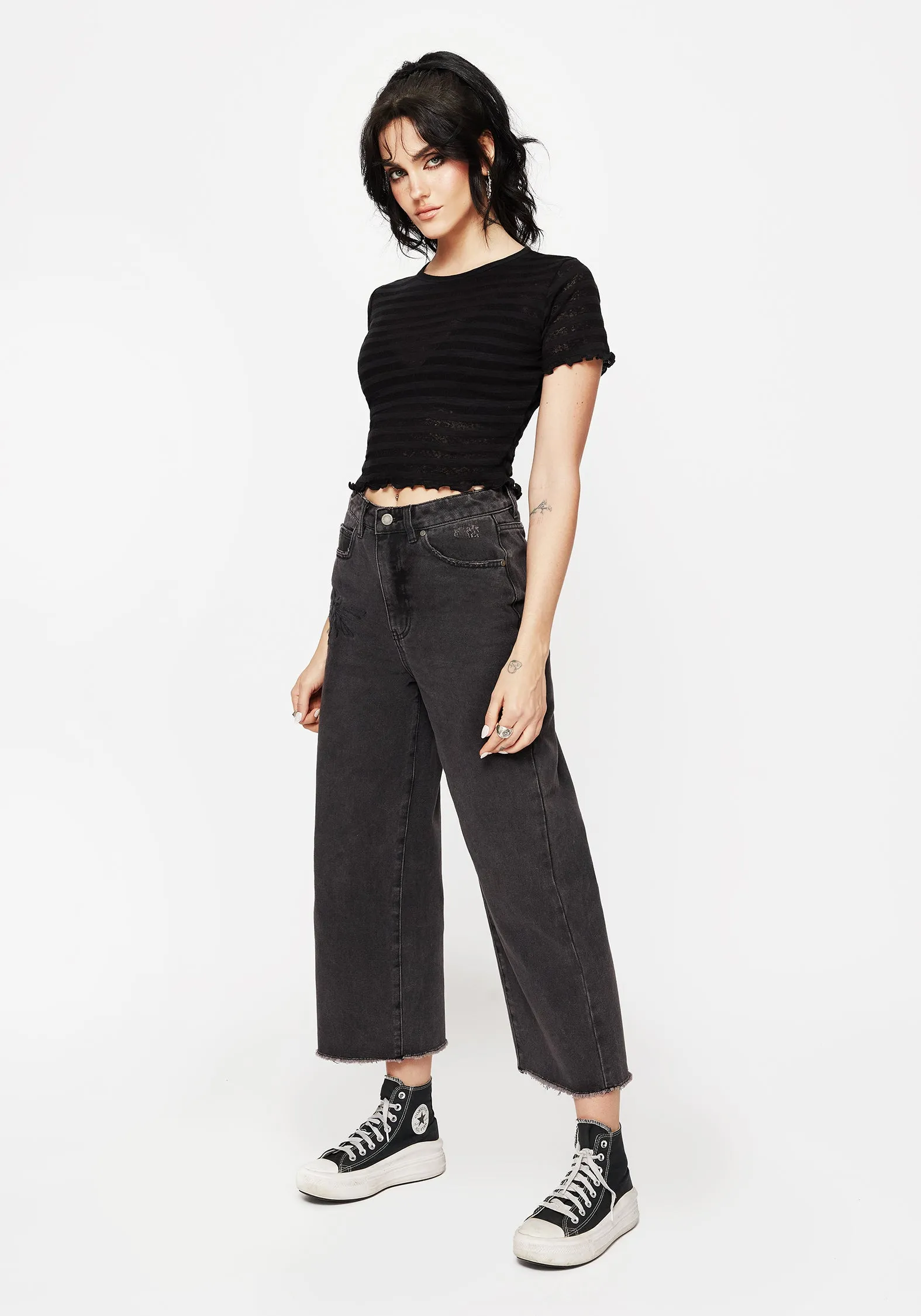 Dragonfly Embroidered Wide Leg Denim Culotte Jeans Recycled Polyester Blend UV protection coating