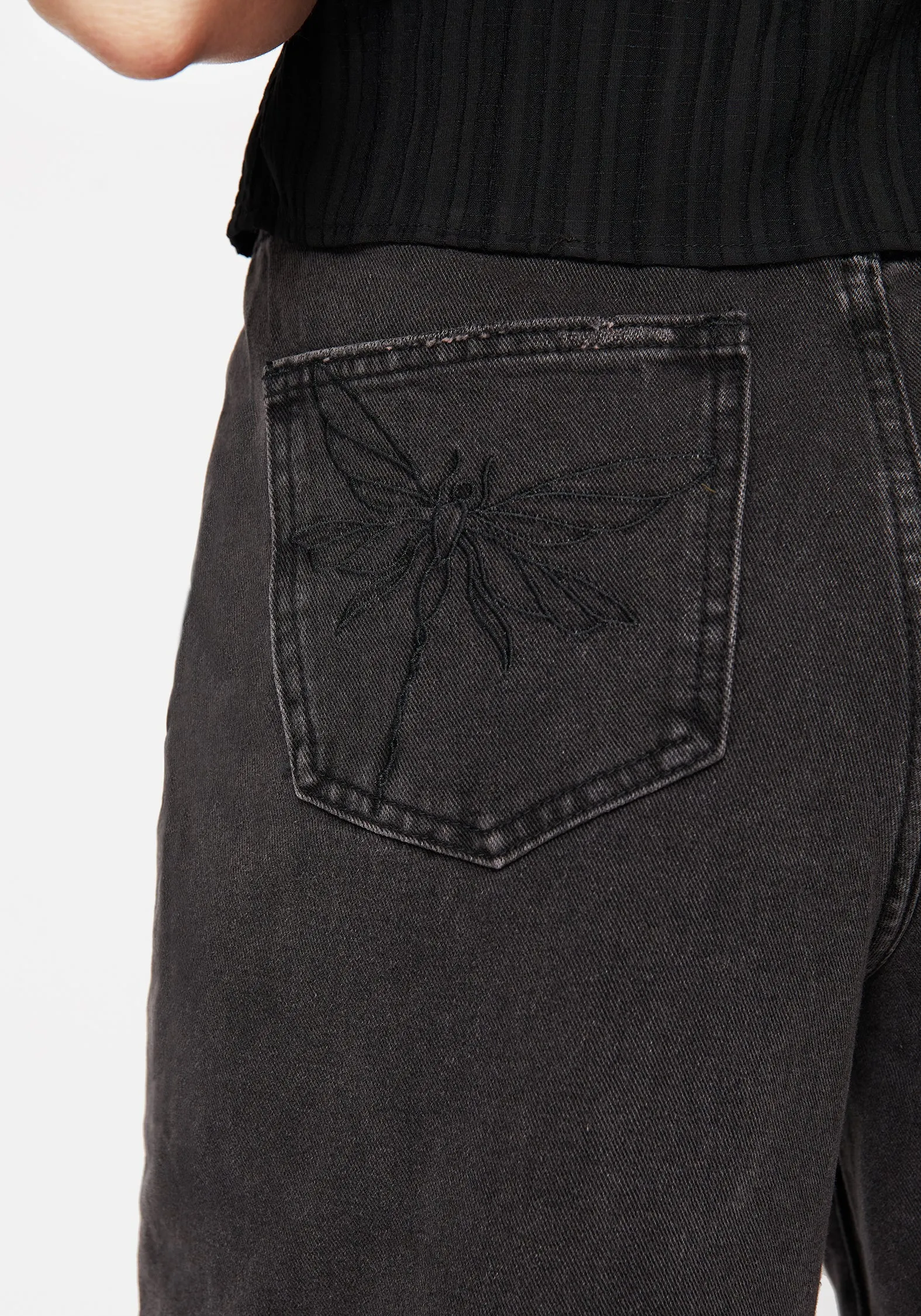 Dragonfly Embroidered Wide Leg Denim Culotte Jeans Classic Look